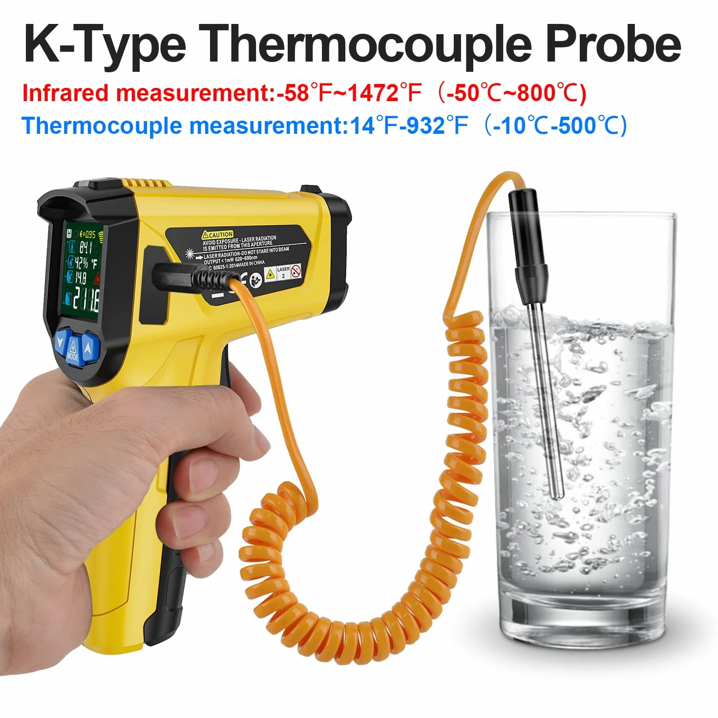 MESTEK Termometro a Infrarossi Digitale Laser -50°C～800°C con K-Sonda Schermo LCD a Colori
