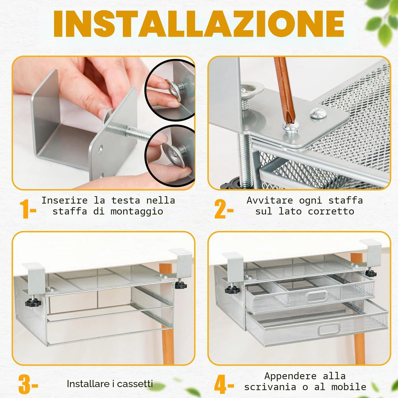 Cassetto sotto scrivania rinforzato 2 cassetti scorrevoli A4 organizer portaoggetti metallo