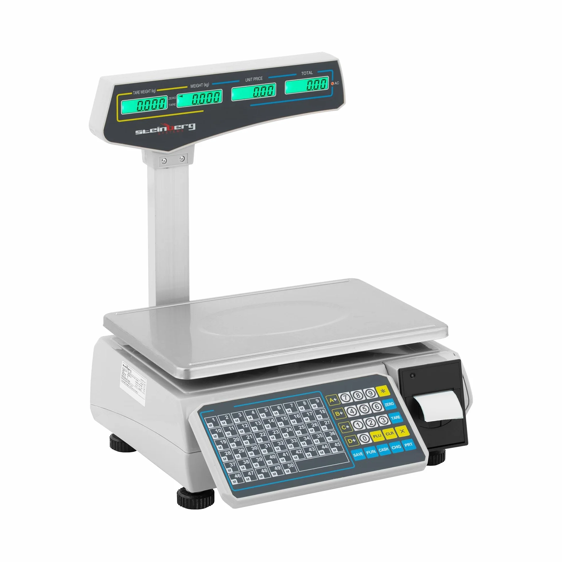 Steinberg Systems SBS-EBS-101 Selezionatrice ponderale 30 kg / 15 g Calcolo del prezzo e stampante di etichette Display LC Bilancia da banco con stampante etichette