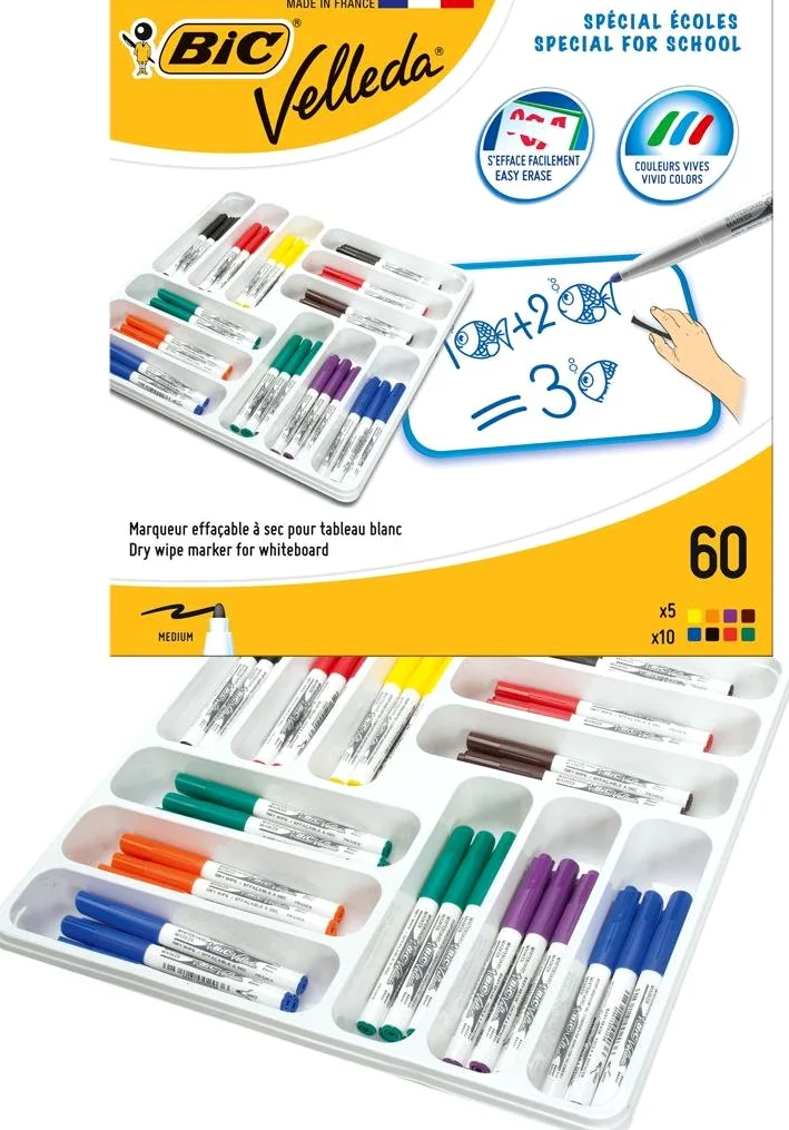 BIC Velleda 1741 Pennarelli per lavagna bianca cancellabili a secco, punta conica media, colori assortiti, confezione da 60