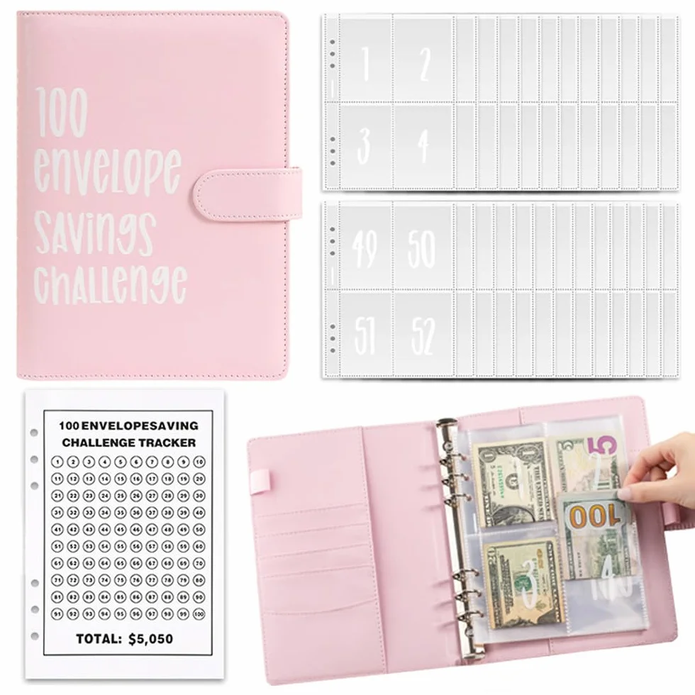 Libro del risparmio A5, 100 Envelope Savings Challenge, Challenge del risparmio, Agenda risparmio soldi con buste, 5050€ (Rosa)