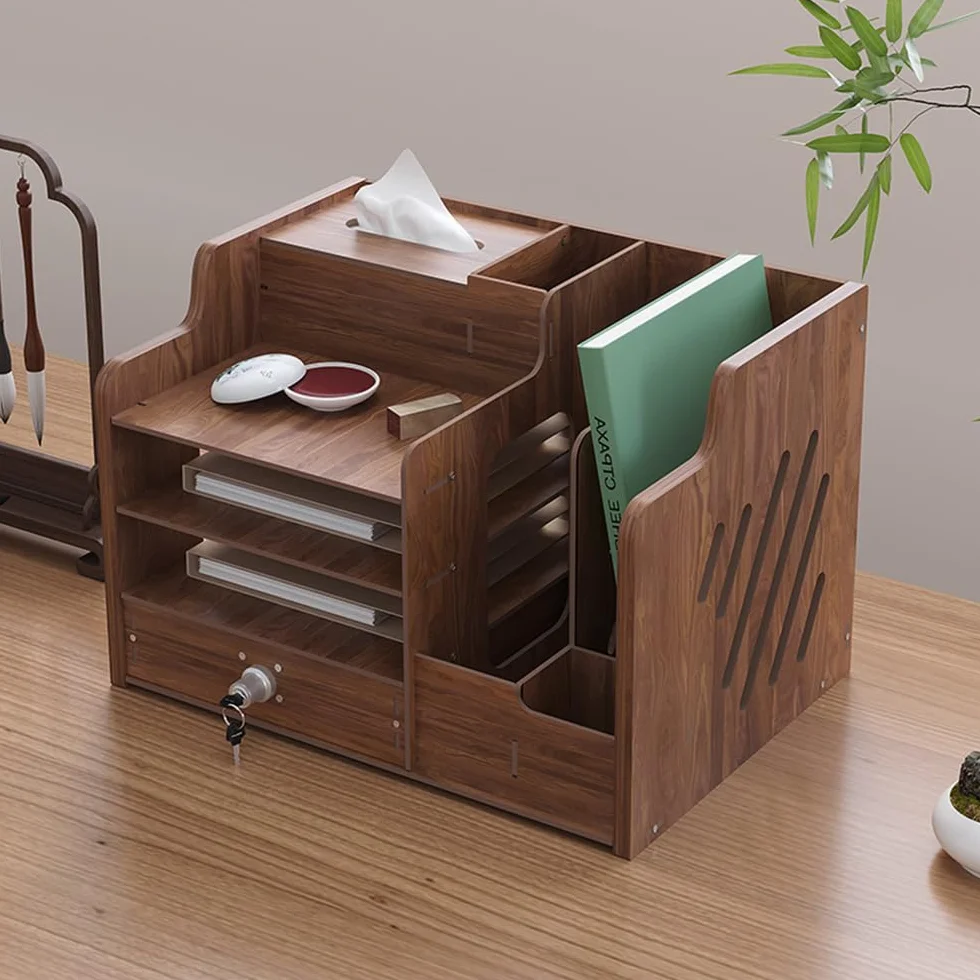 Organizer da scrivania in legno grande capacità formato A4 per ufficio casa scuola JB07-2 legno di noce