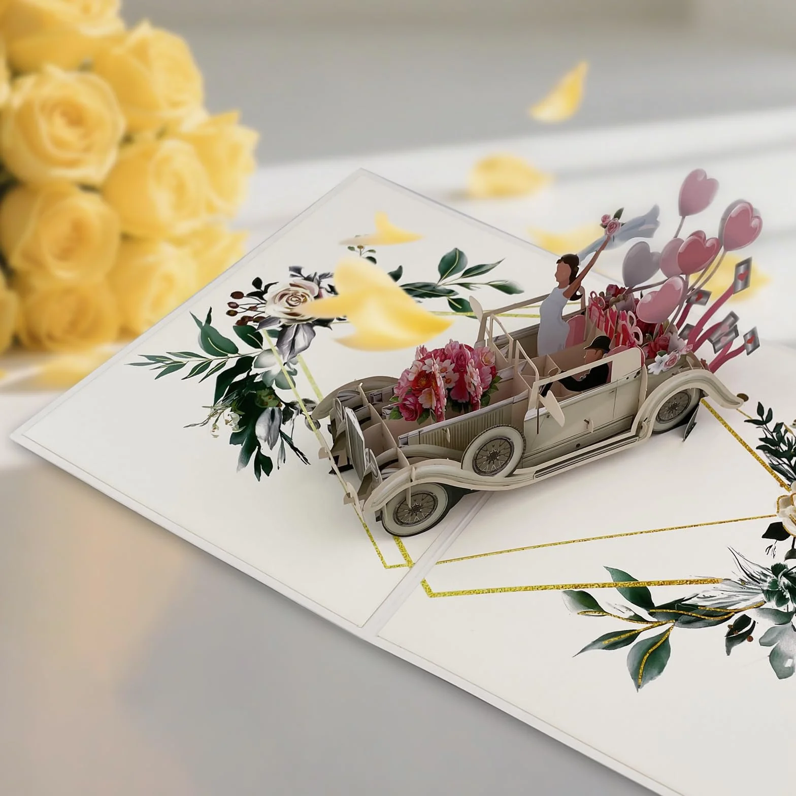Elegante Biglietto Pop-Up 3D con Auto Just Married per Matrimonio, Regalo in Denaro per Viaggio di Nozze