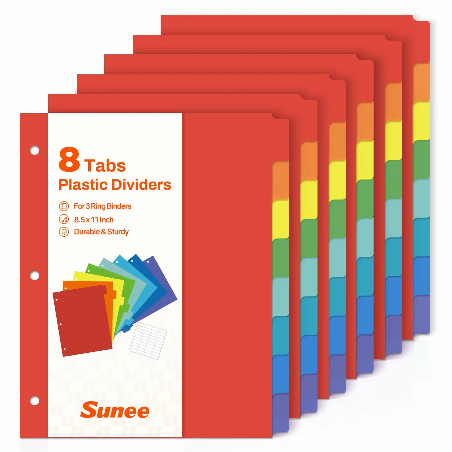 SUNEE 8 divisori per raccoglitori, divisori in plastica per raccoglitori a 3 anelli, 3 divisori per raccoglitori ad anelli con linguette per forniture per la casa, scuola, ufficio, casa, colore
