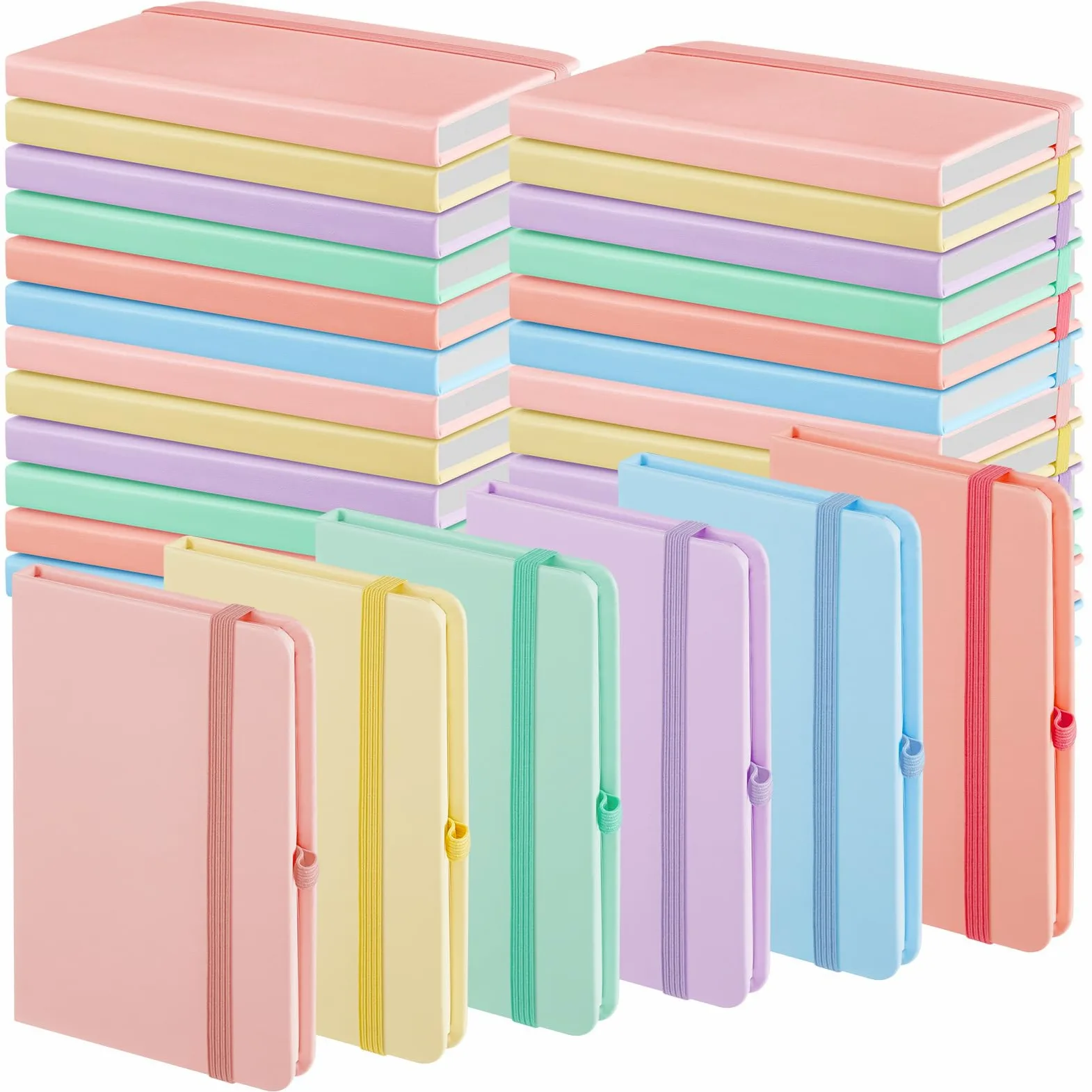 Laumoi 12 piccoli quaderni tascabili A6, 8,9 x 14 cm, in pelle, a righe, con fascia elastica, portapenne, nastri segnalibro (colori macaron)