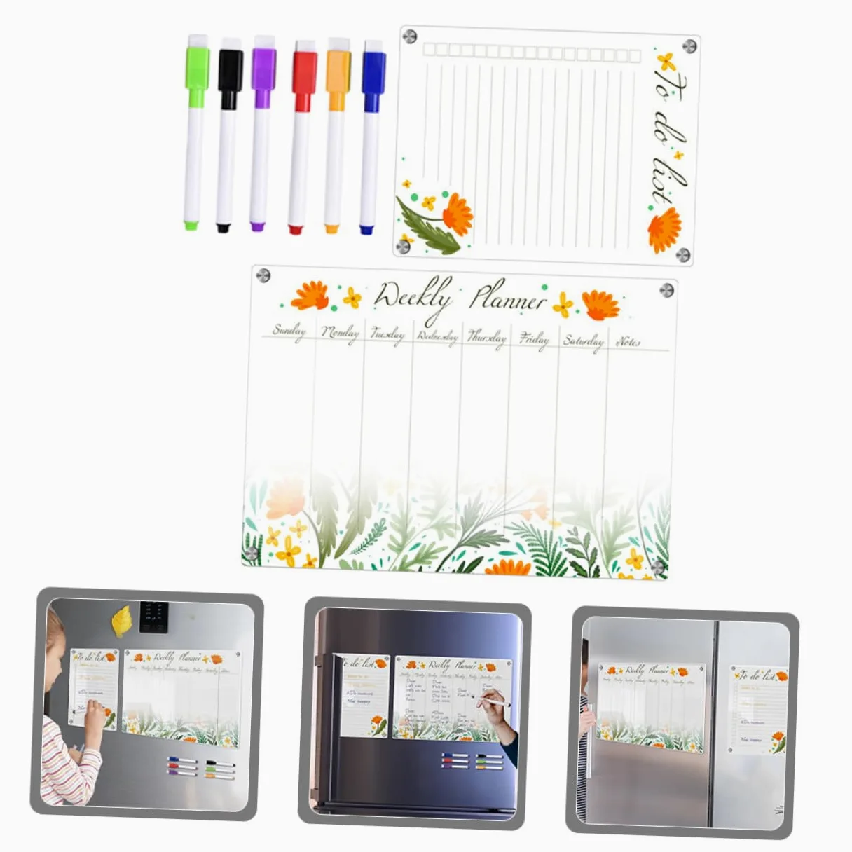 Calendario Magnetico Cancellabile Settimanale per Frigorifero in Acrilico Portatile Promemoria e Condivisione Programmi, 8 Pezzi Assortiti per Uso Domestico