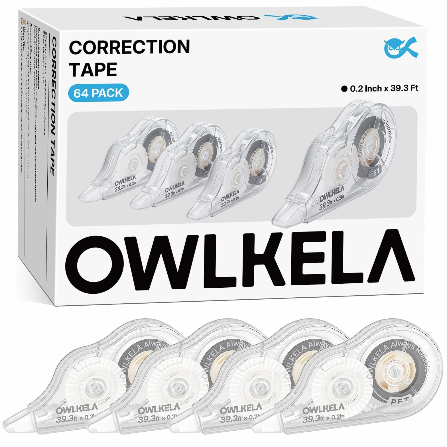 OWLKELA 64 correttori a nastro, 1,9 m, trasparente | Nessun tempo di asciugatura, resistente agli strappi, larghezza 0,5 cm, ideale per ufficio e scuola