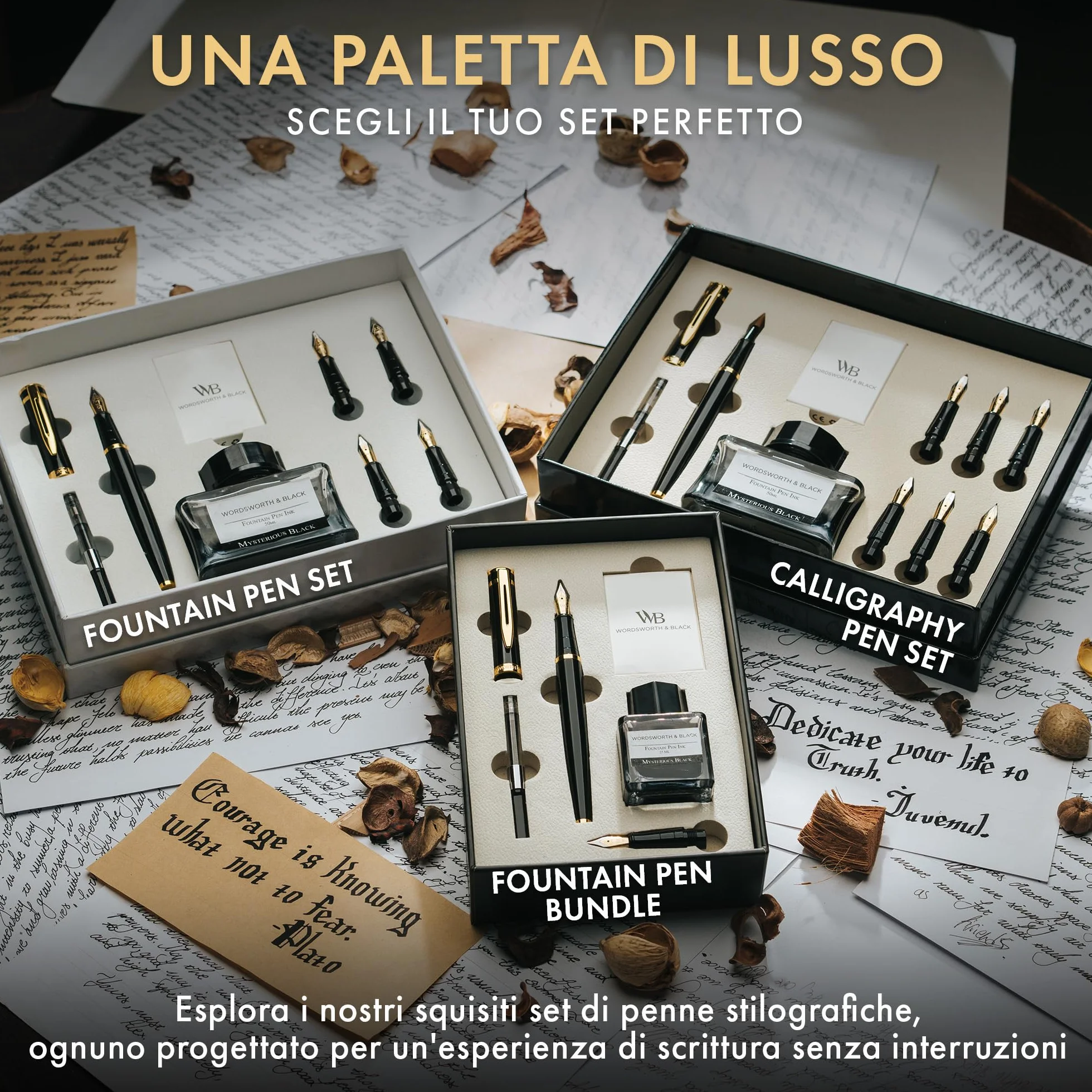 Wordsworth & Black Set di Penne Stilografiche, Pennino Medio e Extra Fine 18K Oro, Bottiglia Inchiostro Nero 25ML, 6 Cartucce, Convertitore, Confezione Regalo – [Nero Oro], Set per Uomini e Donne.