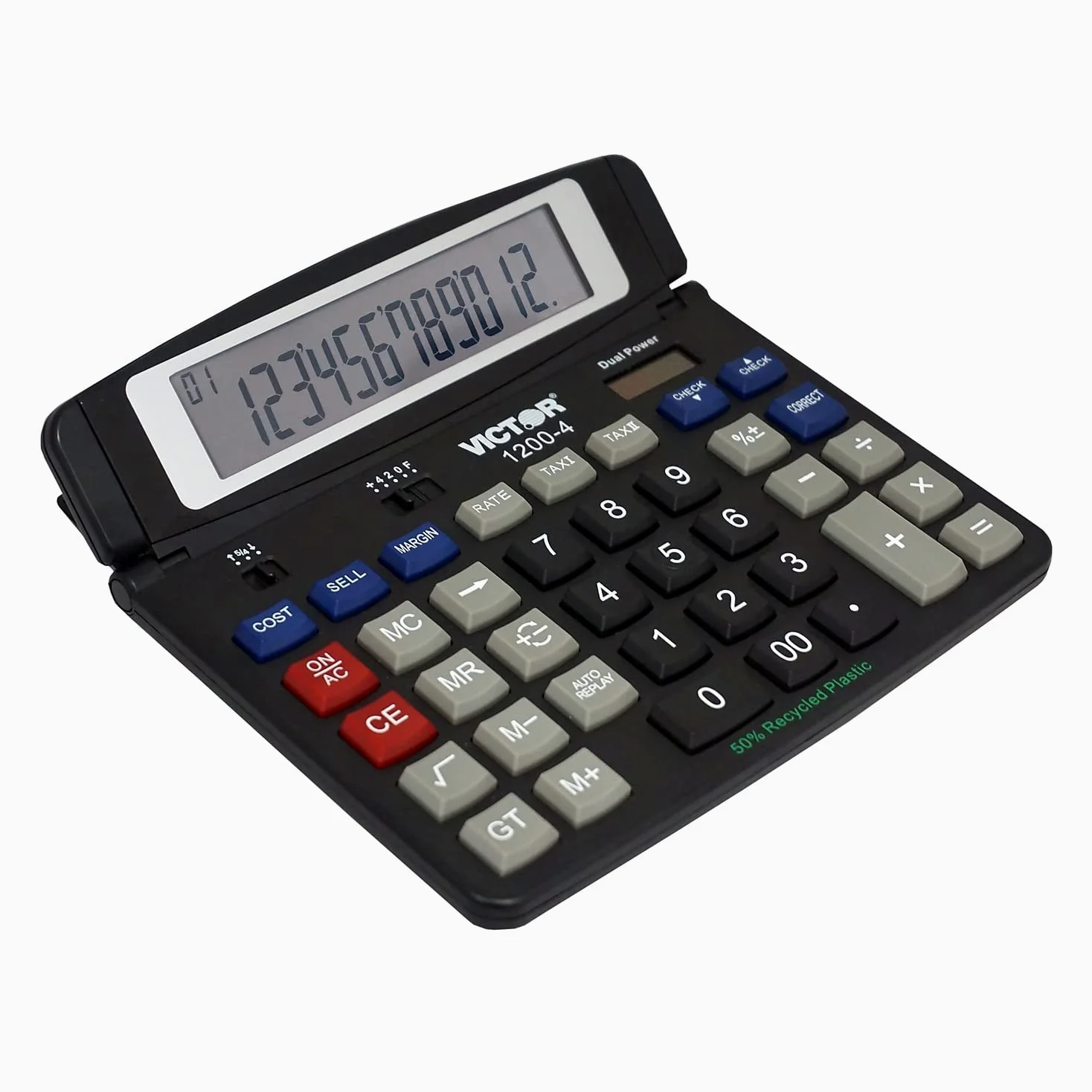 Victor 1200-4 12 cifre grande calcolatrice professionale da tavolo, batteria e display LCD ad energia solare ibrido, ideale per uso domestico e ufficio, nero