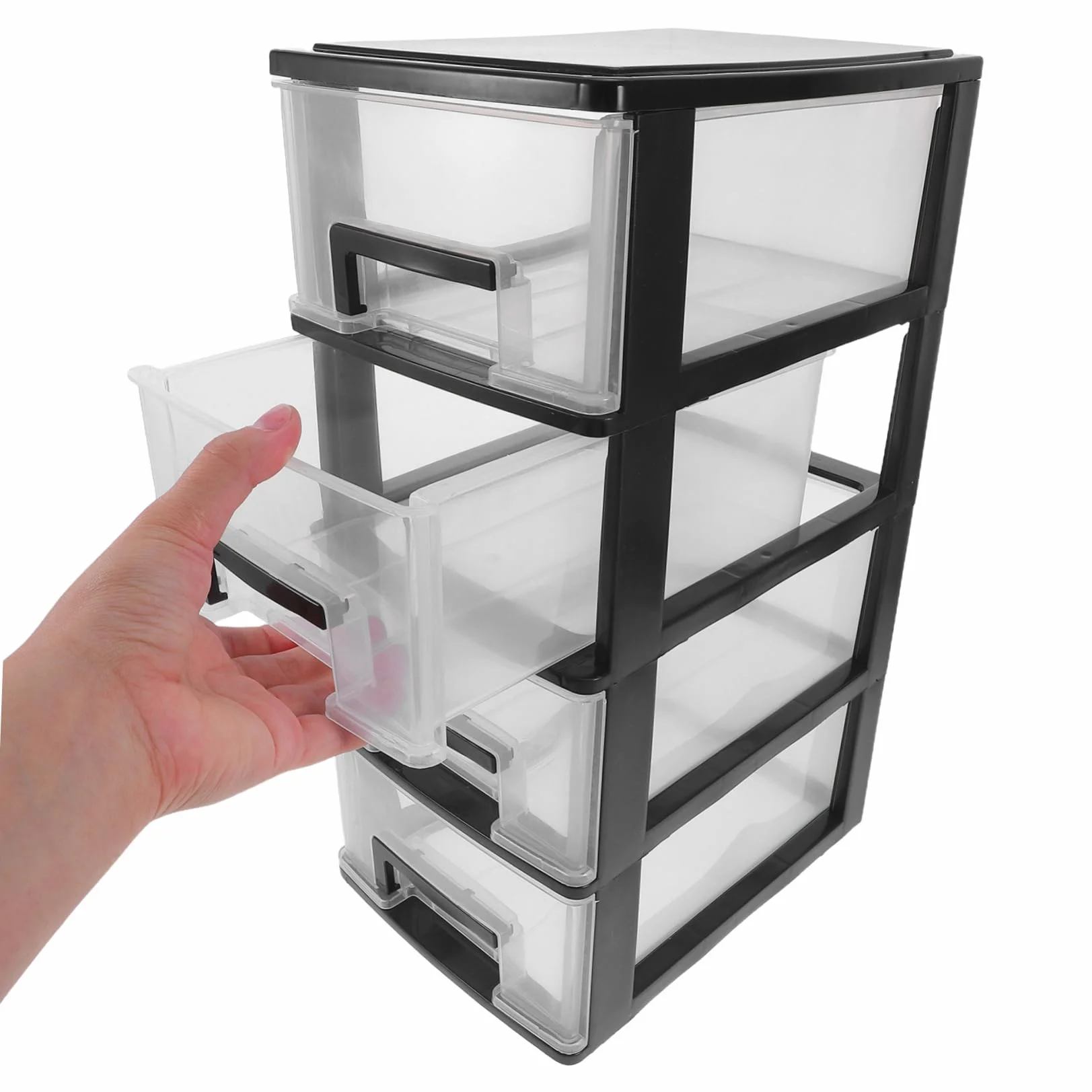 Mobiletto Cassetti in Plastica Trasparente Nero a 4 Strati, Contenitore Leggero e Compatto per Ufficio e Soggiorno, Organizer Semplice ed Elegante