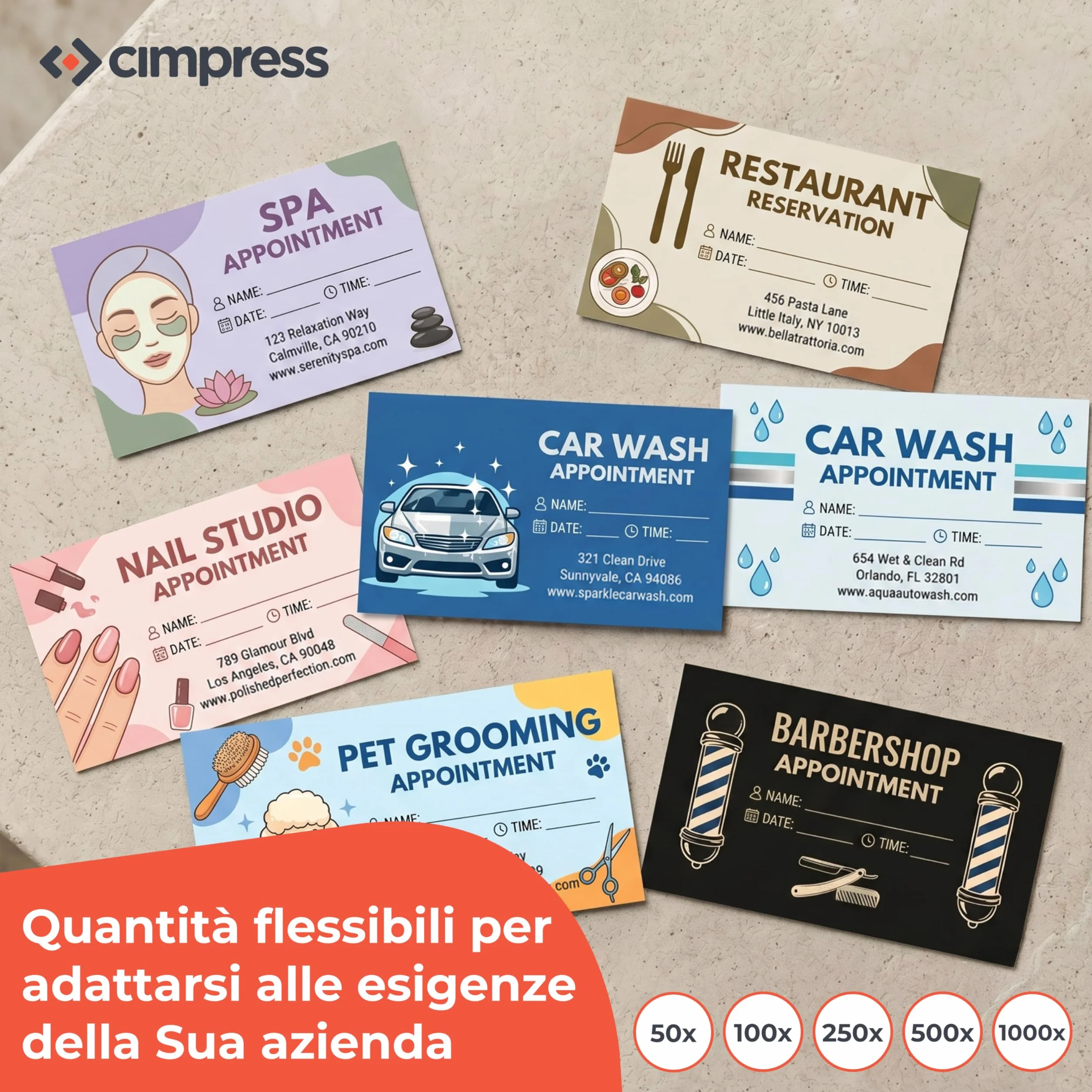 Cartoline appuntamenti personalizzate per studi dentistici con logo e grafica, 1000 pezzi, 324 g/m², 85 x 55 mm, stampa fronte-retro, promemoria per attività e negozi locali