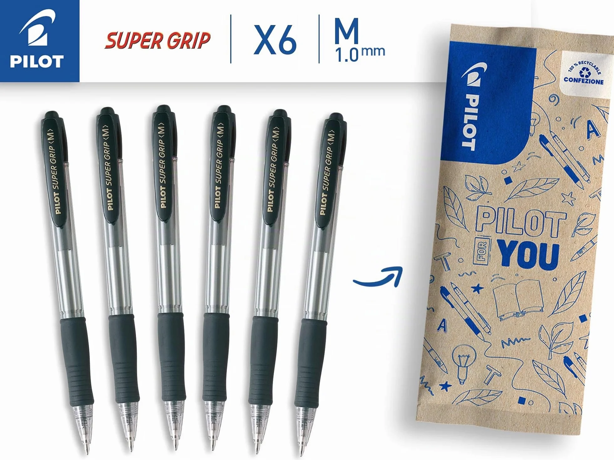 PILOT Set di 6 Penne a sfera Super Grip Nero Punta Media