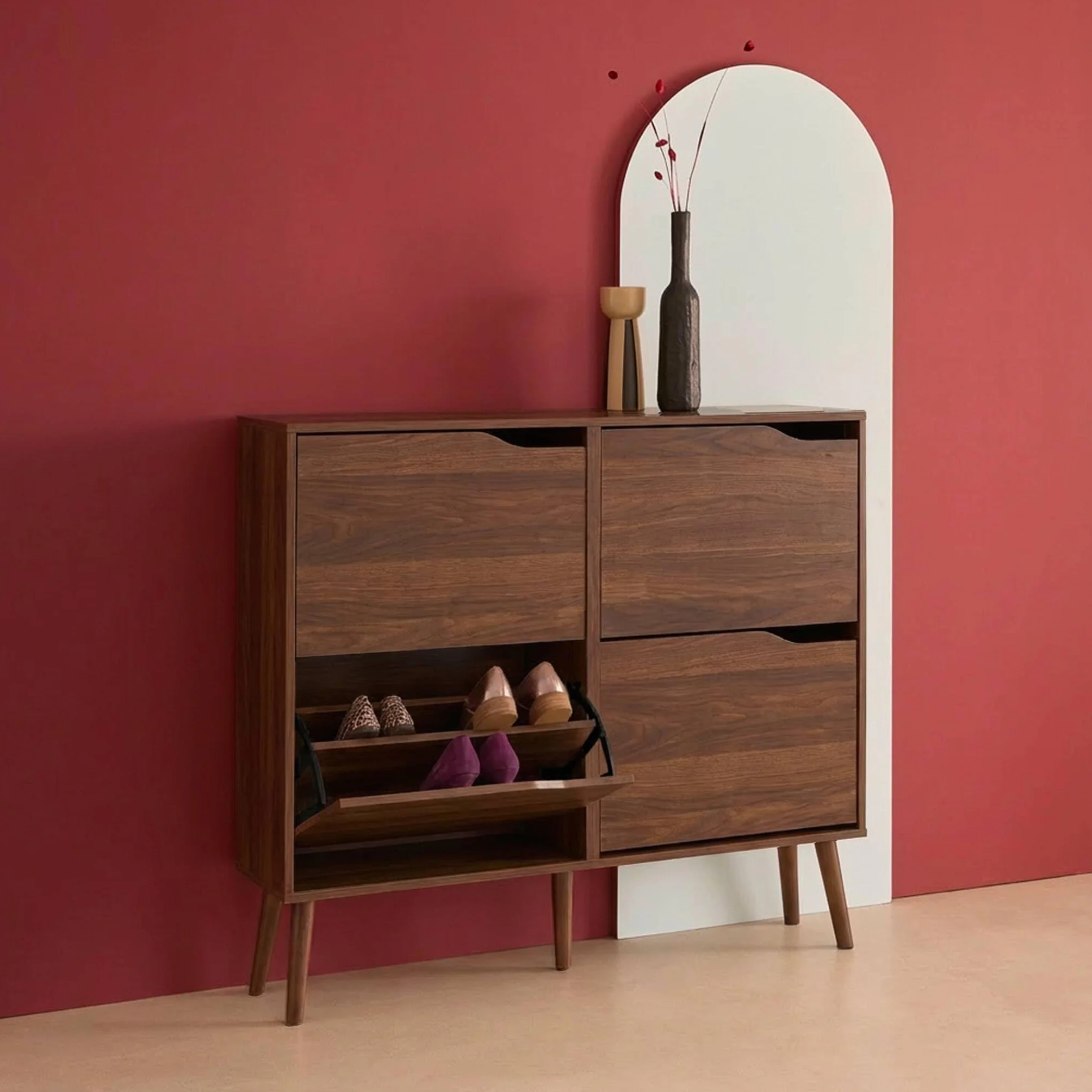 sweeek Scarpiera con Decoro Effetto Legno, 4 Ante Noce - 110x23x96 cm