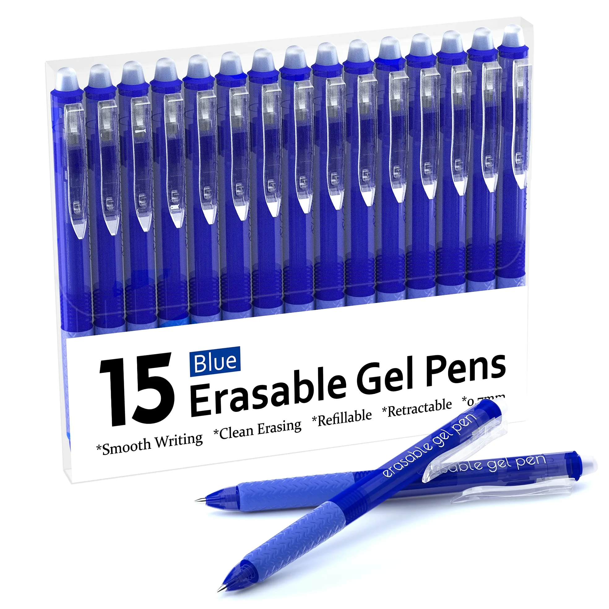 Lineon - Penne gel cancellabili, confezione da 15 penne retrattili cancellabili, punta fine, per far scomparire gli errori, inchiostro blu per pianificare scrittura e cruciverba