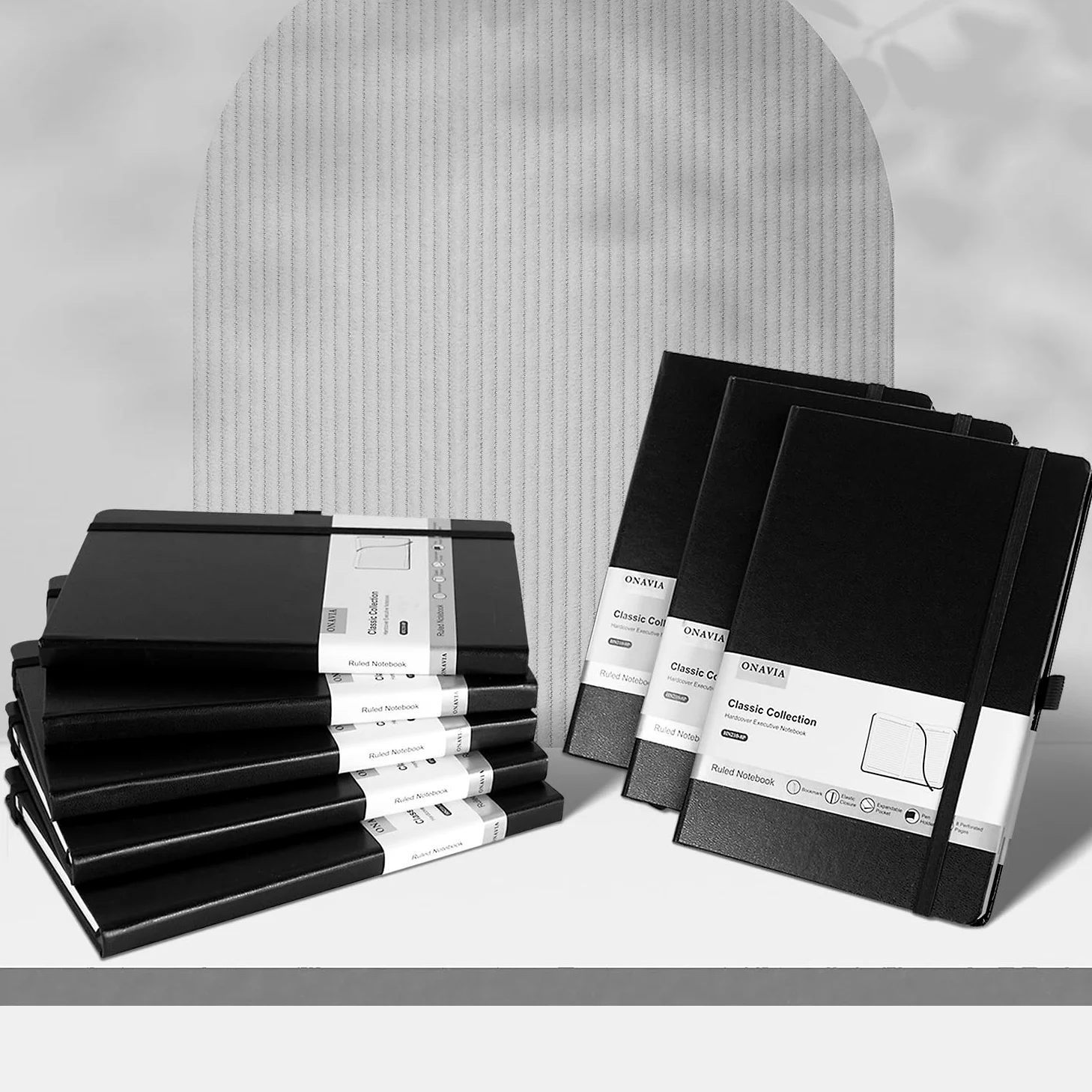 ONAVIA Taccuino a Righe A5 Copertina Rigida, 160 Pagine, Set 8, Nero | 14 x 21 cm, 100 g/m², Classico Quaderno Appunti di Linea, Tasca Interna, Chiusura ad Elastico, Portapenne