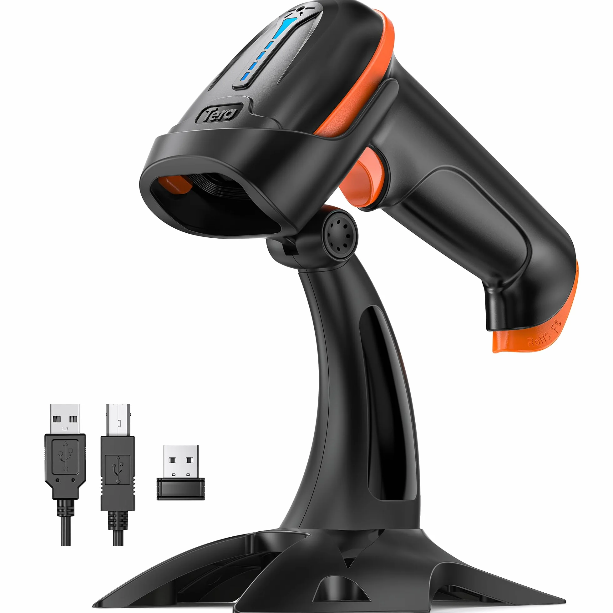 Tera Lettore di codici a barre 1D 2D QR senza fili 2,4 GHz + cavo USB 2,0, lettore di codici a barre con supporto, risoluzione 5 mil, portata 100 m, D5100.
