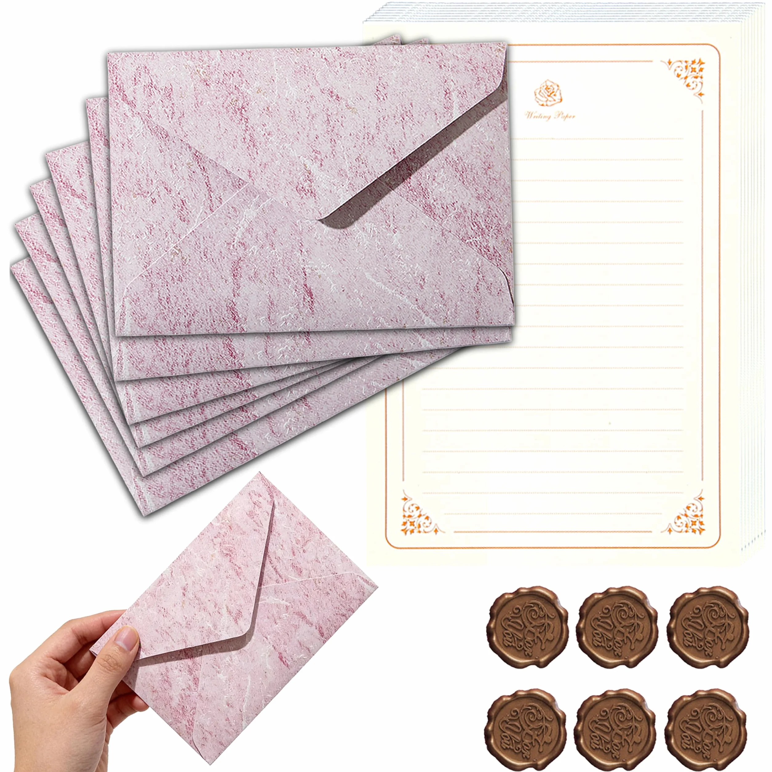 Carta da Lettere Vintage Set Completo 6 Buste 20 Fogli A5 14,5x21cm 6 Sigilli Decorativi Pergamena Rosa