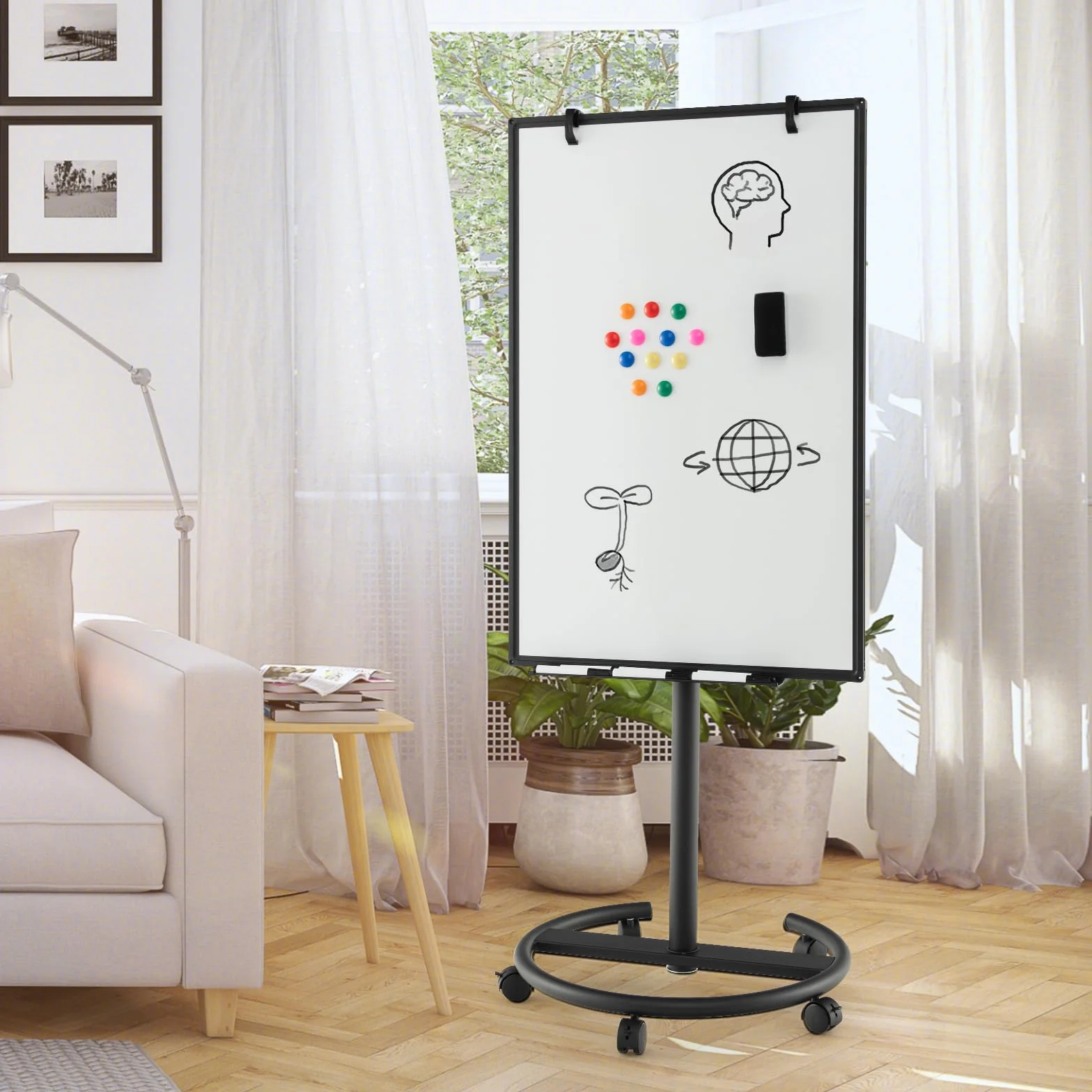 GYMAX 100 x 65 x 132-192 cm Lavagna Bianca a Secco Mobile, Lavagna Magnetica con Ruote e Supporto Regolabile in Altezza, 1 Cancellino,12 Magnetici, 25 Fogli di Carta, 6 Penna, 2 Graffette (Nero)