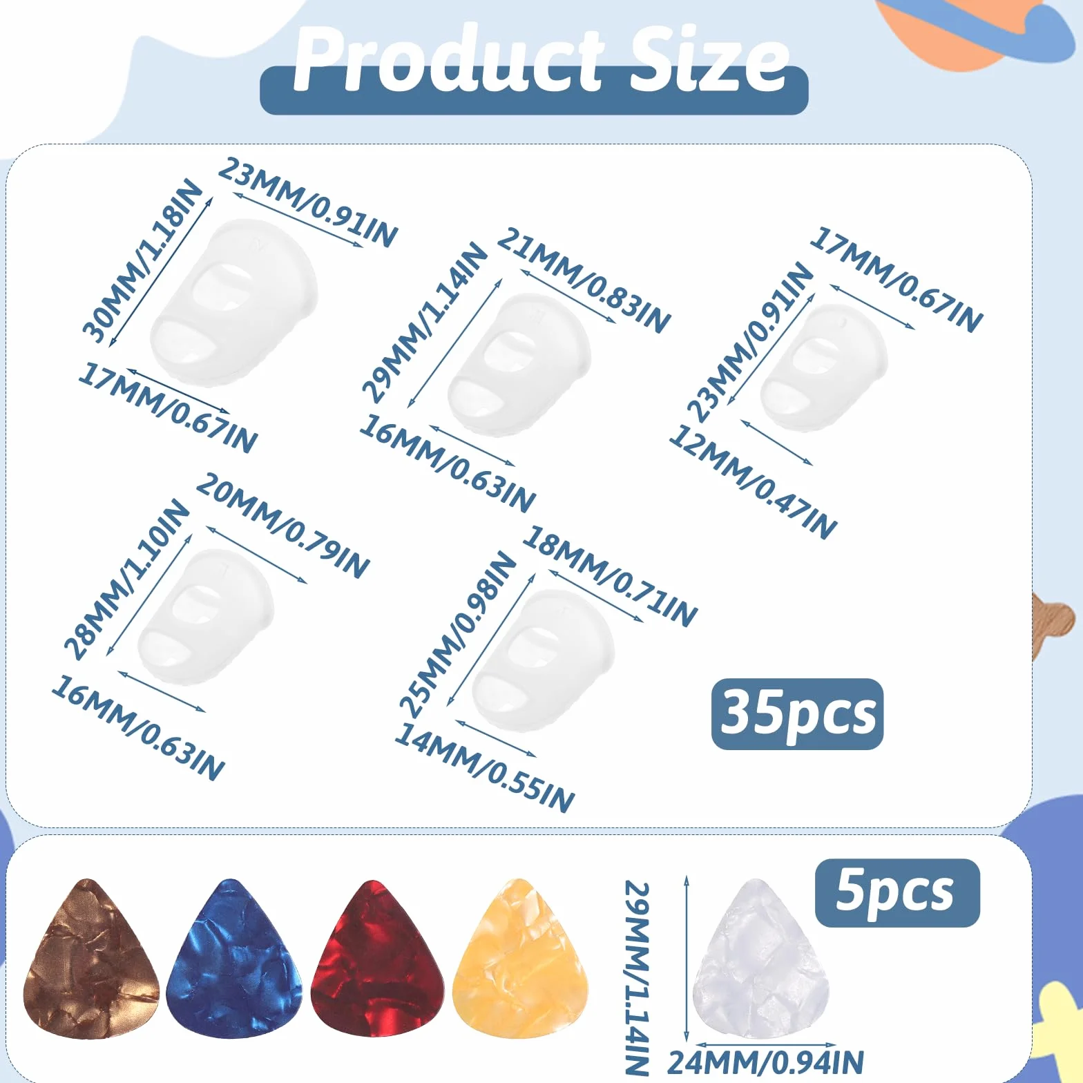 Protezioni per dita chitarra silicone antiscivolo 5 misure con plettri per chitarra ukulele trasparente
