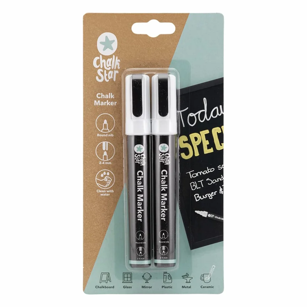 SECURIT Chalk Star 2 szt. pisaki do kredy płynnej białe do tablic, okien, szkła – końcówki okrągłe 2-4 mm