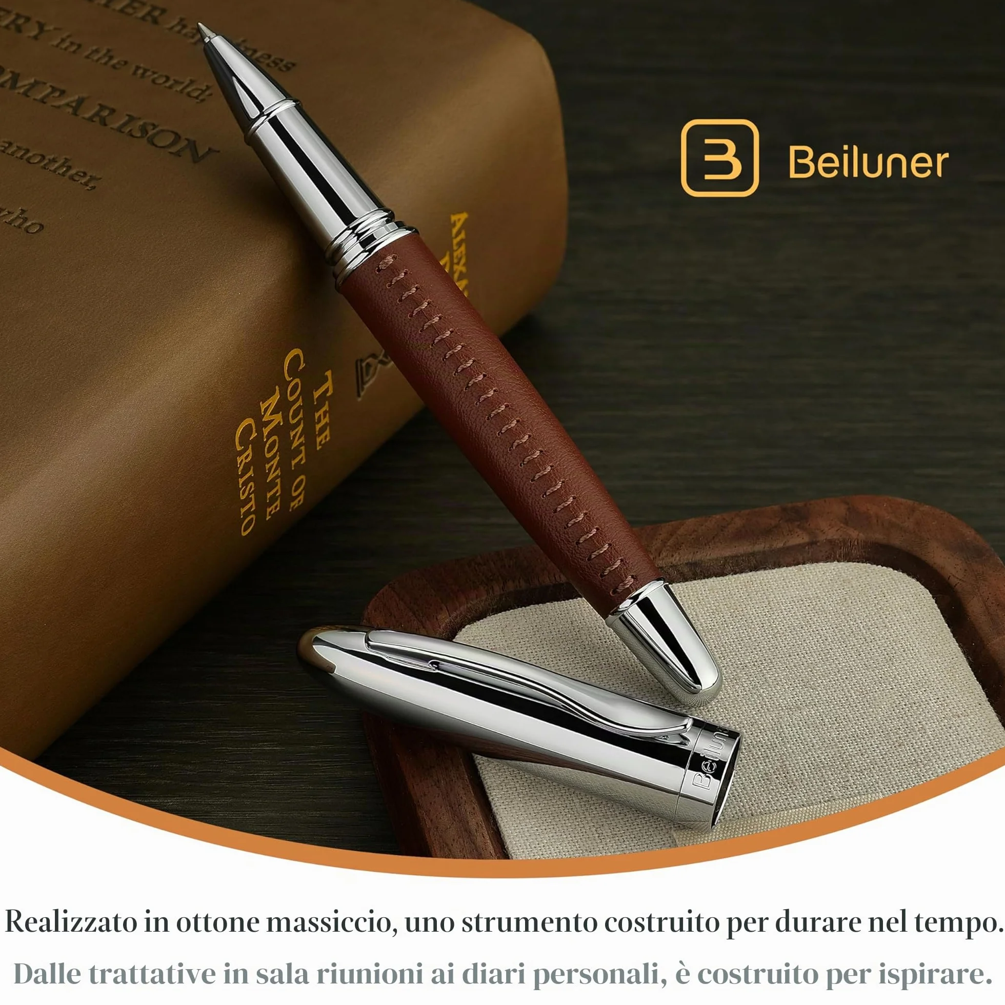 BEILUNER 318 Penna Rollerball di Lusso in Pelle, Pelle Premium Cucita a Mano & Finitura Cromata, Ricambio Schmidt, Miglior Set Regalo Manageriale per Uomo e Donna, Penna Riempiibile - Marrone