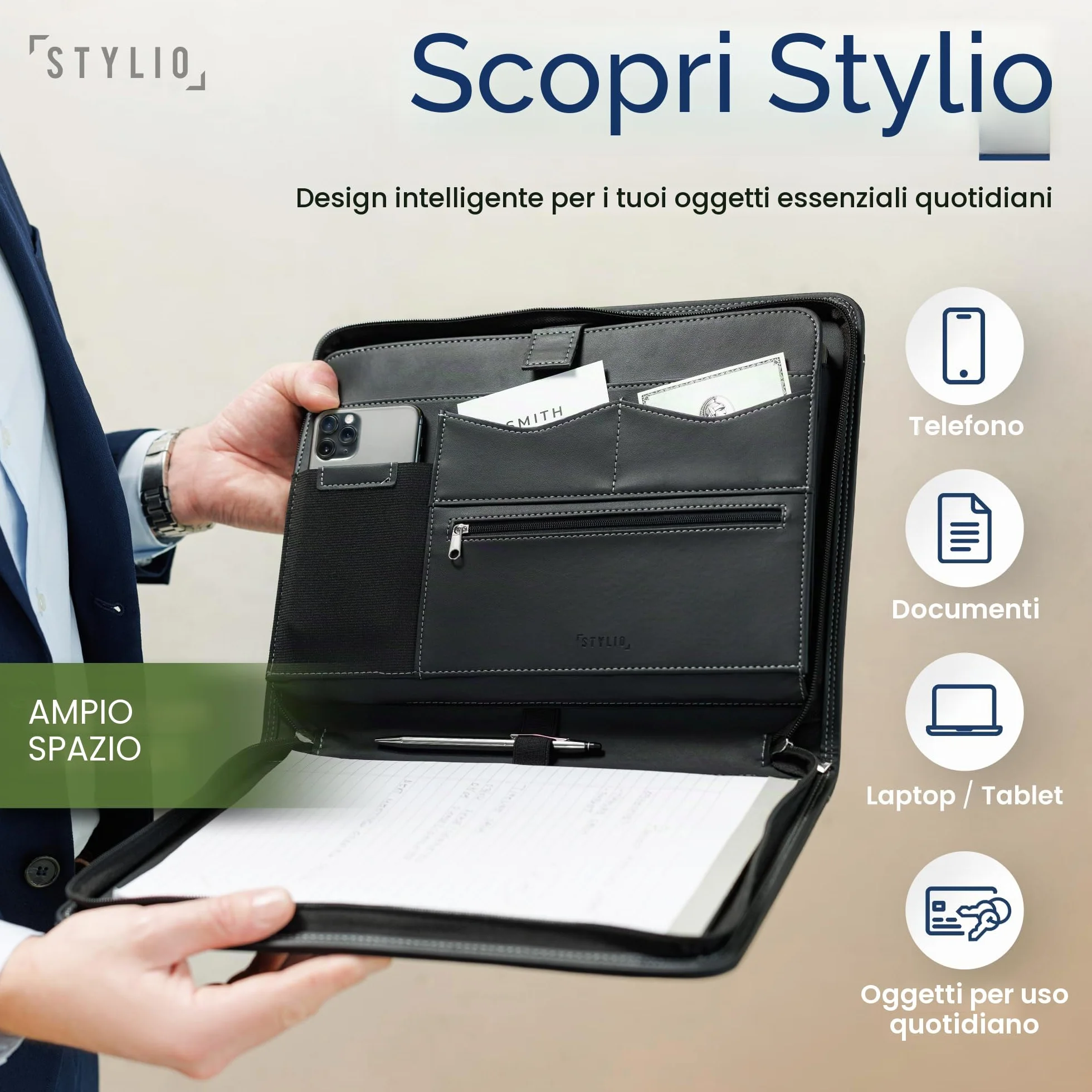 STYLIO A4 Cartella Conferenze con Cerniera Raccoglitore Portadocumenti Organizzatore per Quaderno Smartphone iPad Tablet fino a 11 pollici Chiavi Blocco Note