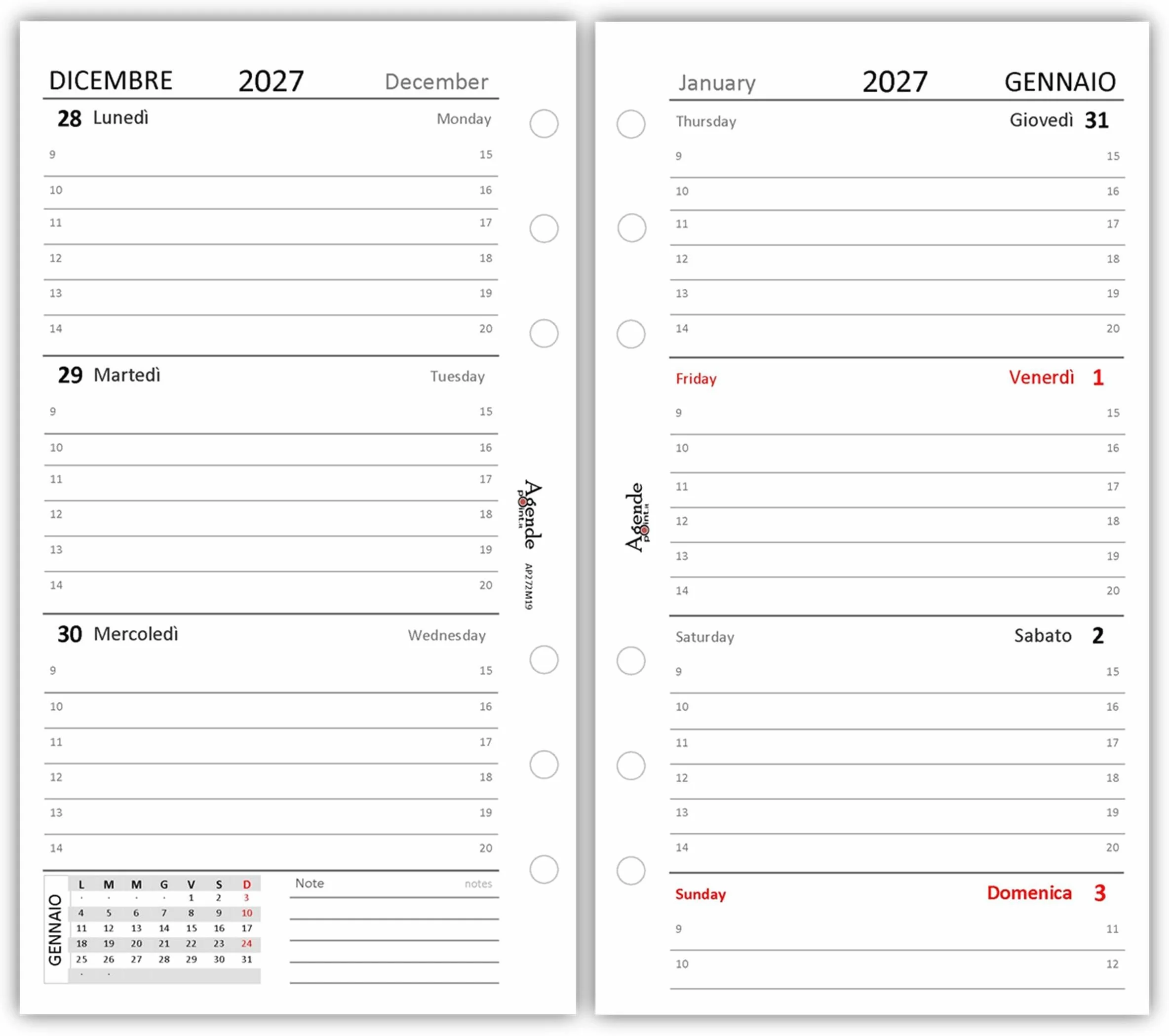 Agenda Organizer Settimanale 2027 Bilingue Bianco 9,5x17cm 90gr 2 Pagine per Settimana