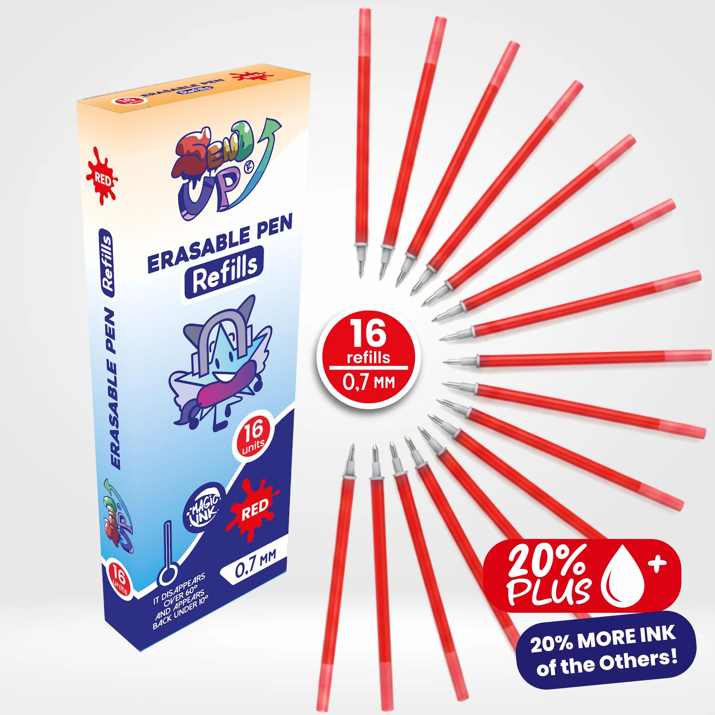 16 Ricariche XXL Penna Gel Cancellabile ROSSE, Punta 0,7mm, Compatibile Legami, +20% Inchiostro, Scatola Cartone