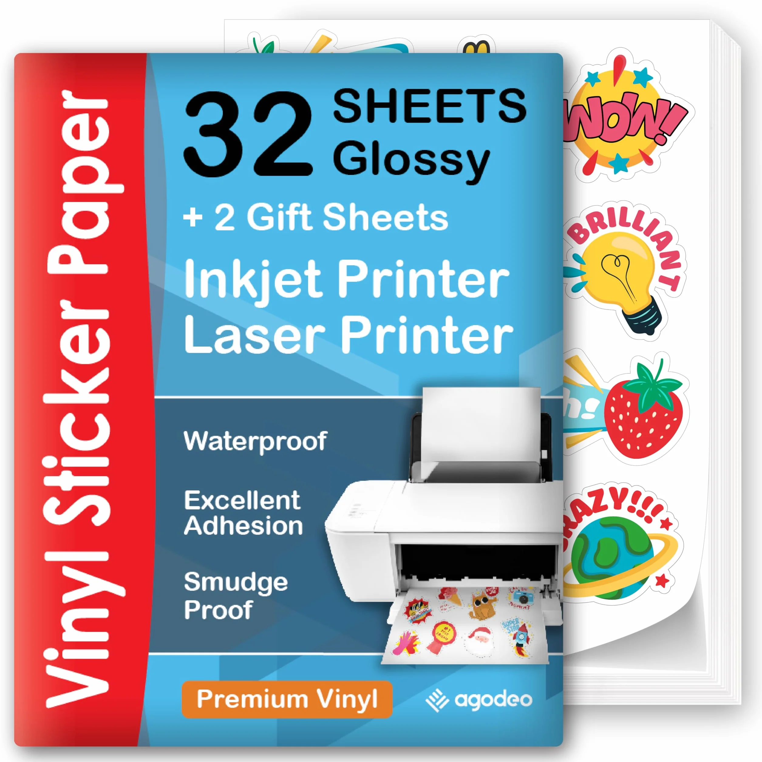 Carta adesiva in vinile stampabile A4 lucida impermeabile 32 fogli per stampanti laser e getto d'inchiostro