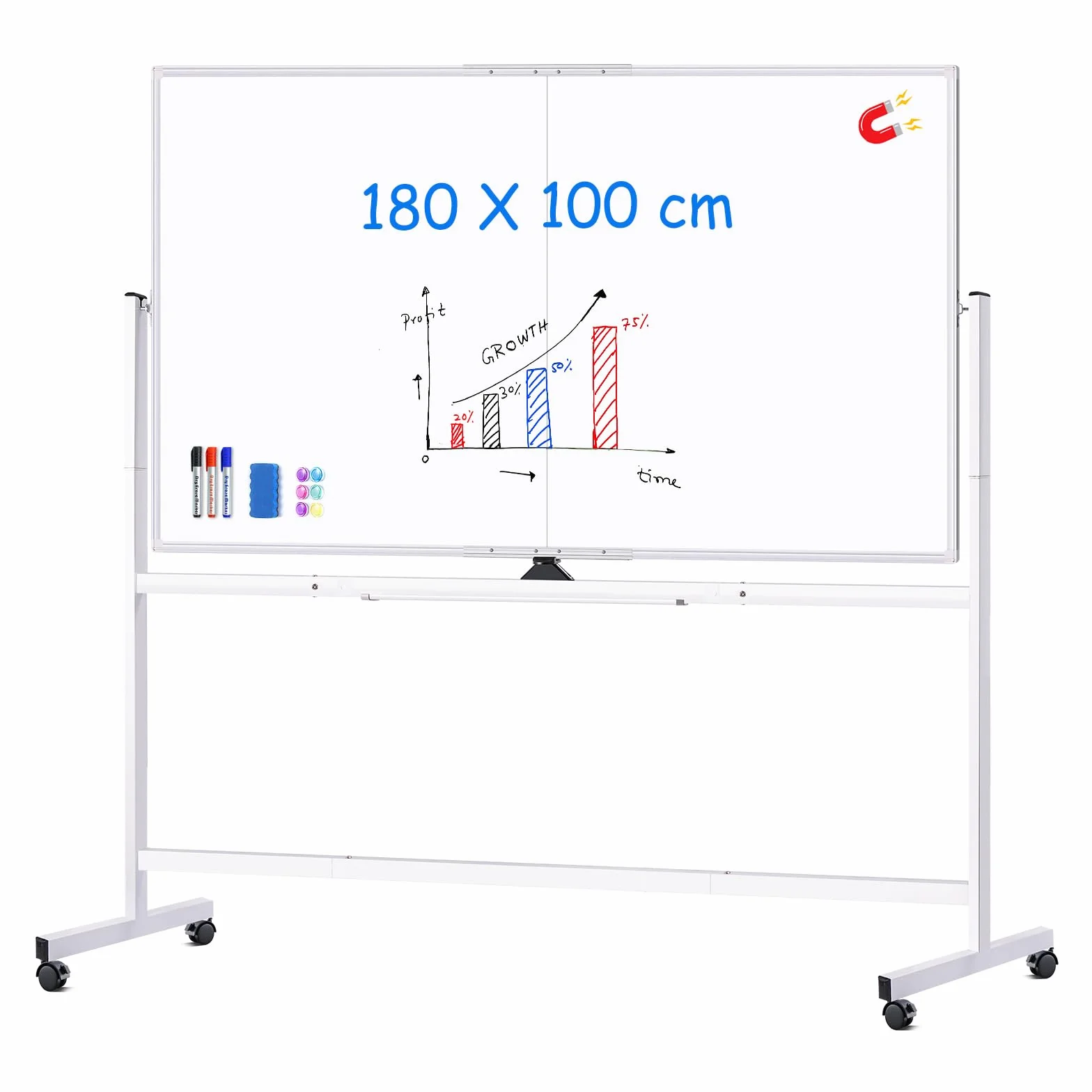 maxtek Lavagna Bianca Mobile con Supporto 180 x 100 cm, Grande Lavagna Cancellabile Magnetica Double Face, Cadre en Aluminium, Capovolgimenti 360° su Ruote, per Casa, Ufficio, Scuola
