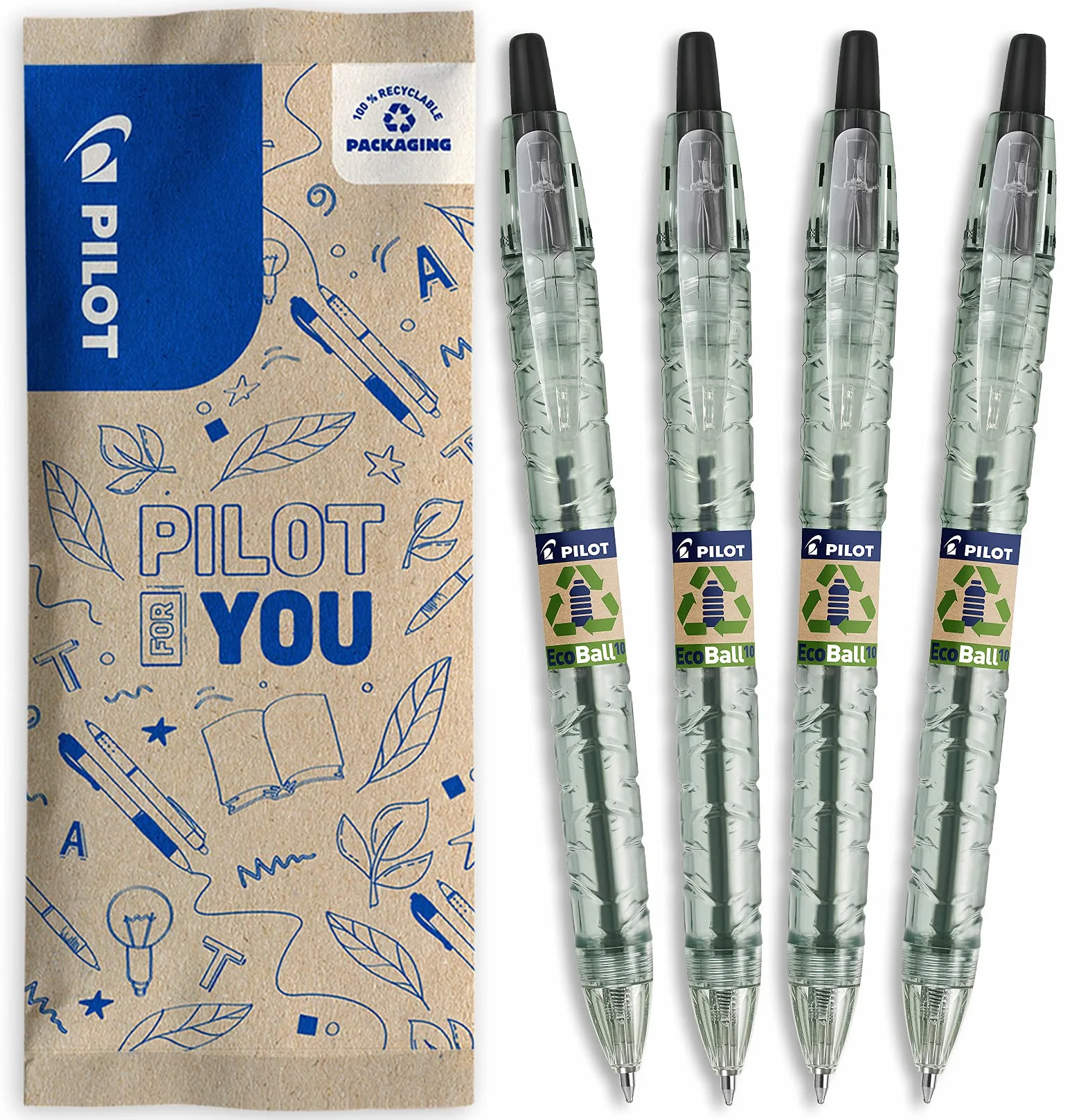 Pilot B2P Ecoball Penna a Scatto Ecologica 86% Plastica Riciclata Confezione da 4 Punta Media Nero Blu Rosso Verde