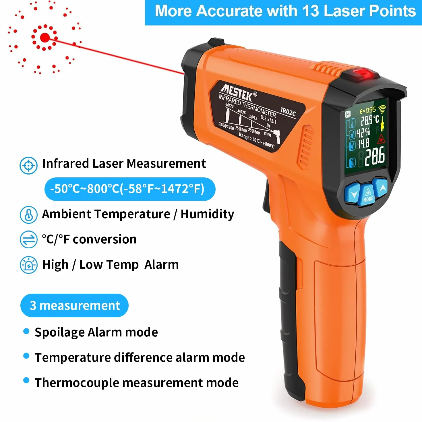 MESTEK Termometro a Infrarossi -50°C~800°C Digitale Laser Pirometro con K-Probe Senza Contatto LCD a Colori