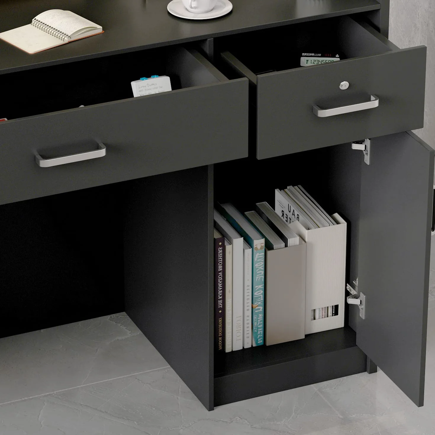 Banco reception, Banco di Reception e Vendita - Mobili da Ufficio con 3 Cassetti, Nero - 110 x 120 x 48 cm
