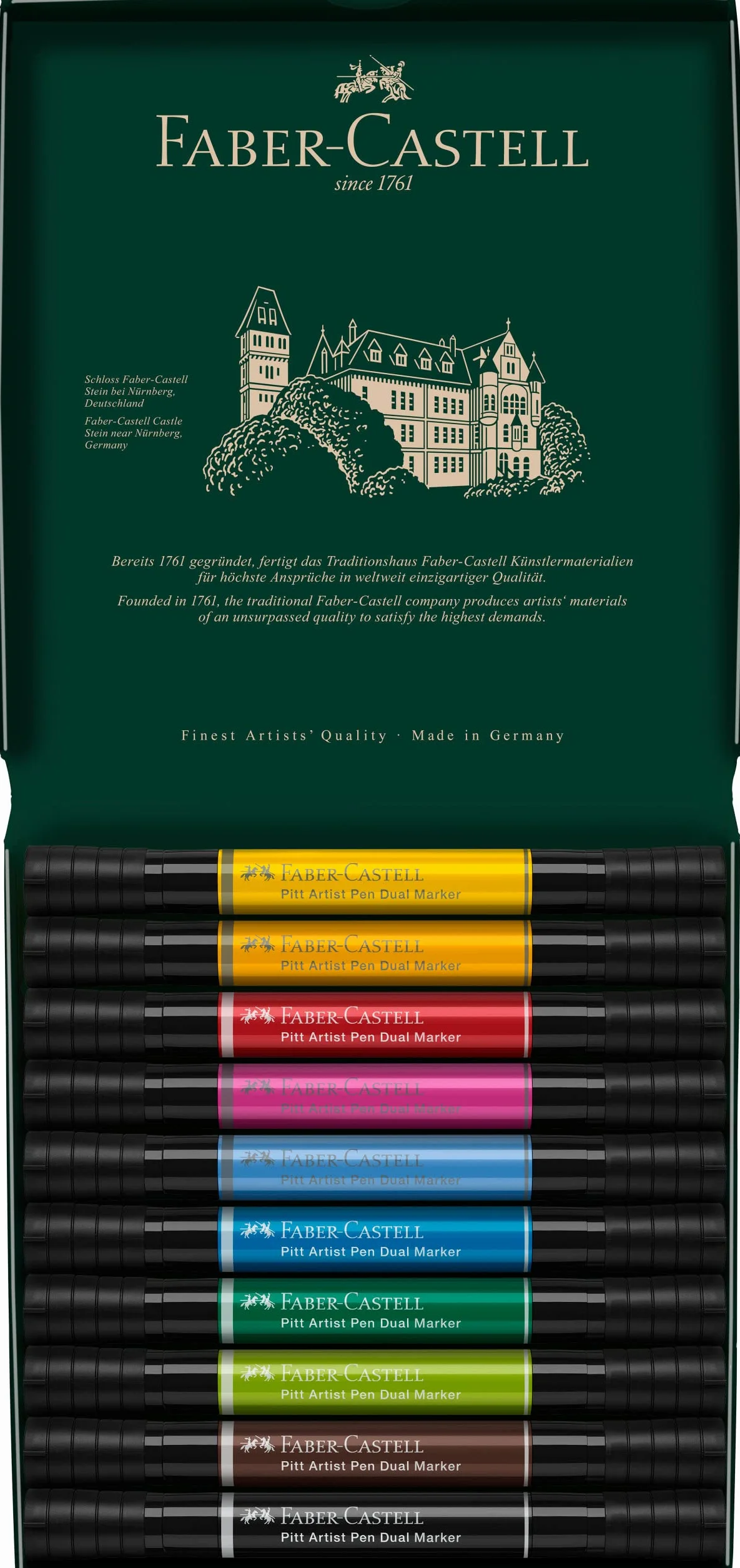 Faber-Castell 162010 - Pitt Artist Pen Dual Marker pennarello a inchiostro, con due punte, una punta a pennello e una punta in fibra con montatura metallica, astuccio in cartoncino da 10