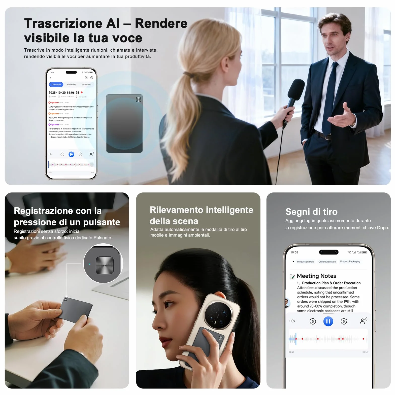 HONOR CHOICE AI Note Registratore Vocale, 600 Min/Mese di Trascrizione Gratuita, Dictafone Digitale con Riepiloghi IA e Mappe Mentali, 130+ Lingue, Sottile Scheda Magnetica, per Riunioni e Chiamate