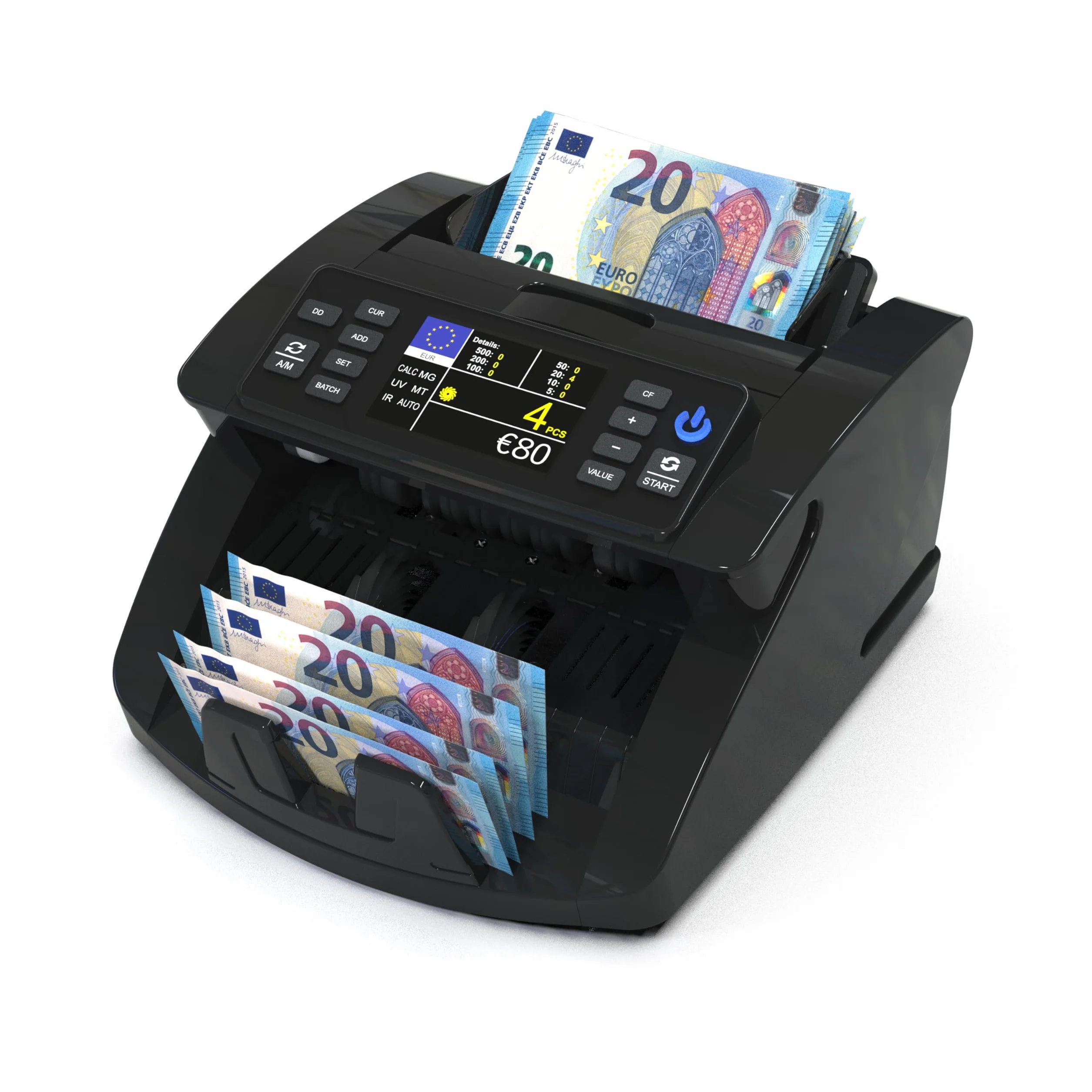 Detectalia V10 Macchina Conta Banconote con Rilevamento UV/MG/IR/MT/DD, Schermo TFT 3,5” + Display Esterno, Valore Totale, Lotto e Somma, 1000/Minuto, per EUR-GBP-CHF-USD-SEK-DKK-PLN-TRY-AED-SAR