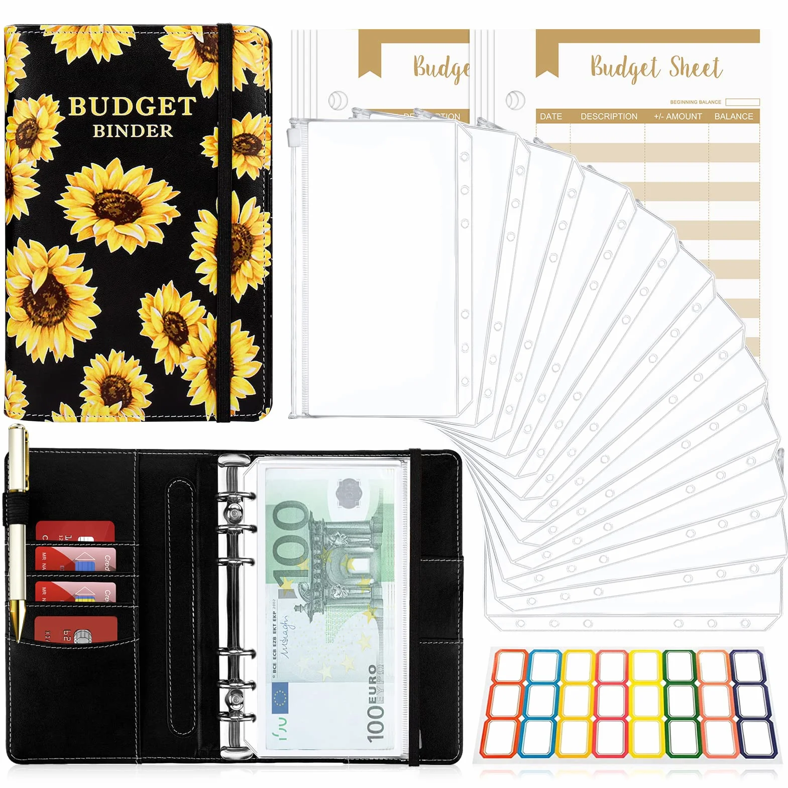 TAOPE Portadocumenti in Pelle PU A6 Binder Budget Set con 12 Sacchetti Trasparenti Cerniera, Nero Girasole