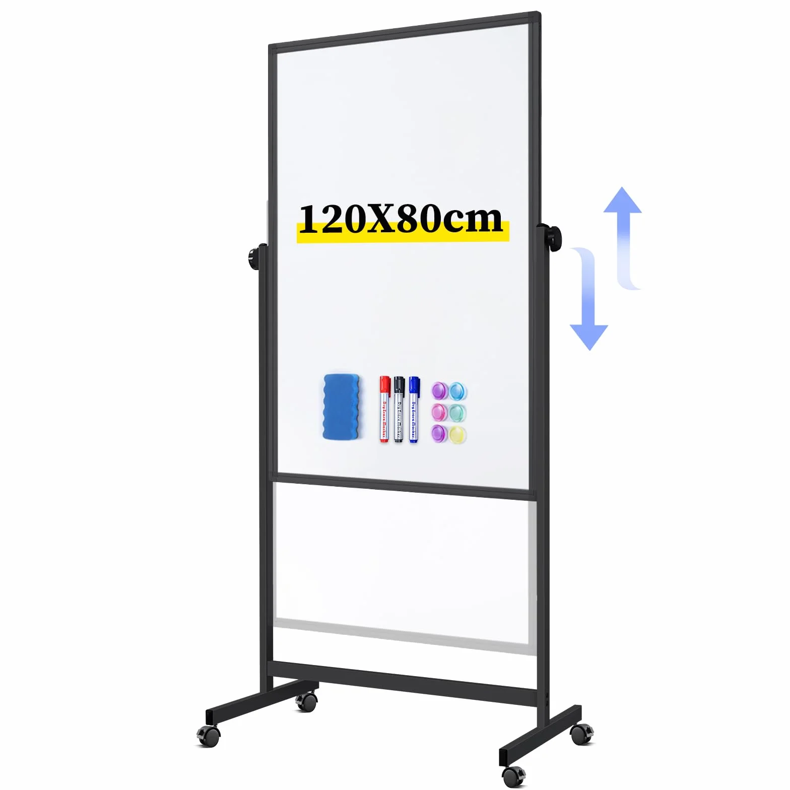 maxtek Lavagna bianca mobile nera 120 x 80 cm, altezza regolabile su entrambi i lati, lavagna magnetica con supporto, per ufficio, aula e casa
