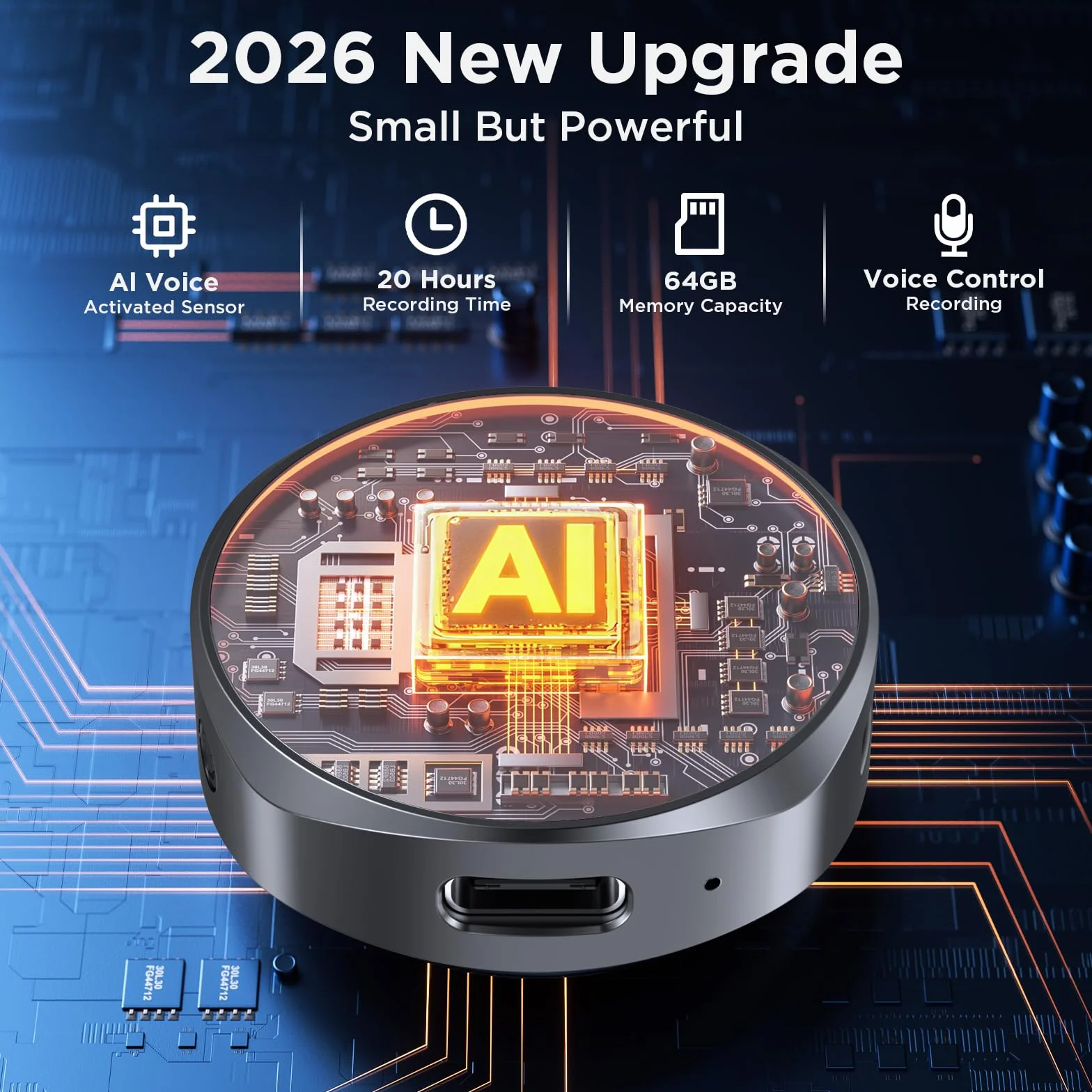 Registratore vocale magnetico da 64 GB, registratore vocale con riduzione intelligente del rumore, dispositivo di registrazione 4800 ore e registratore audio USB-C per lezioni, riunioni, interviste