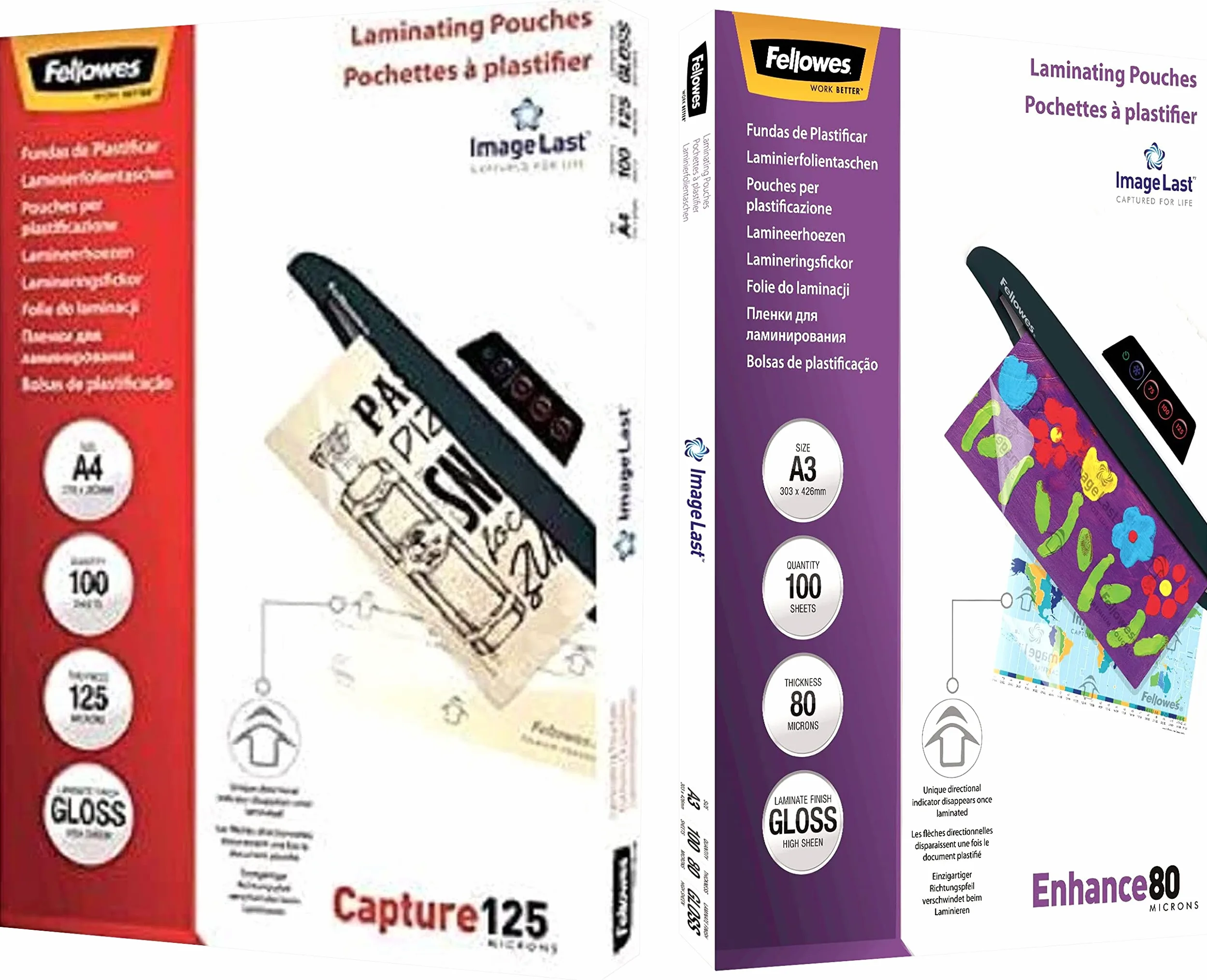Fellowes 5307407 Pouches Di Plastificazione, Formato A4, 125 Micron, Confezione Da 100 Pezzi & 5306207 Pouches Lucide Enhance80, Formato A3, 80 Micron, Confezione Da 100 Pezzi
