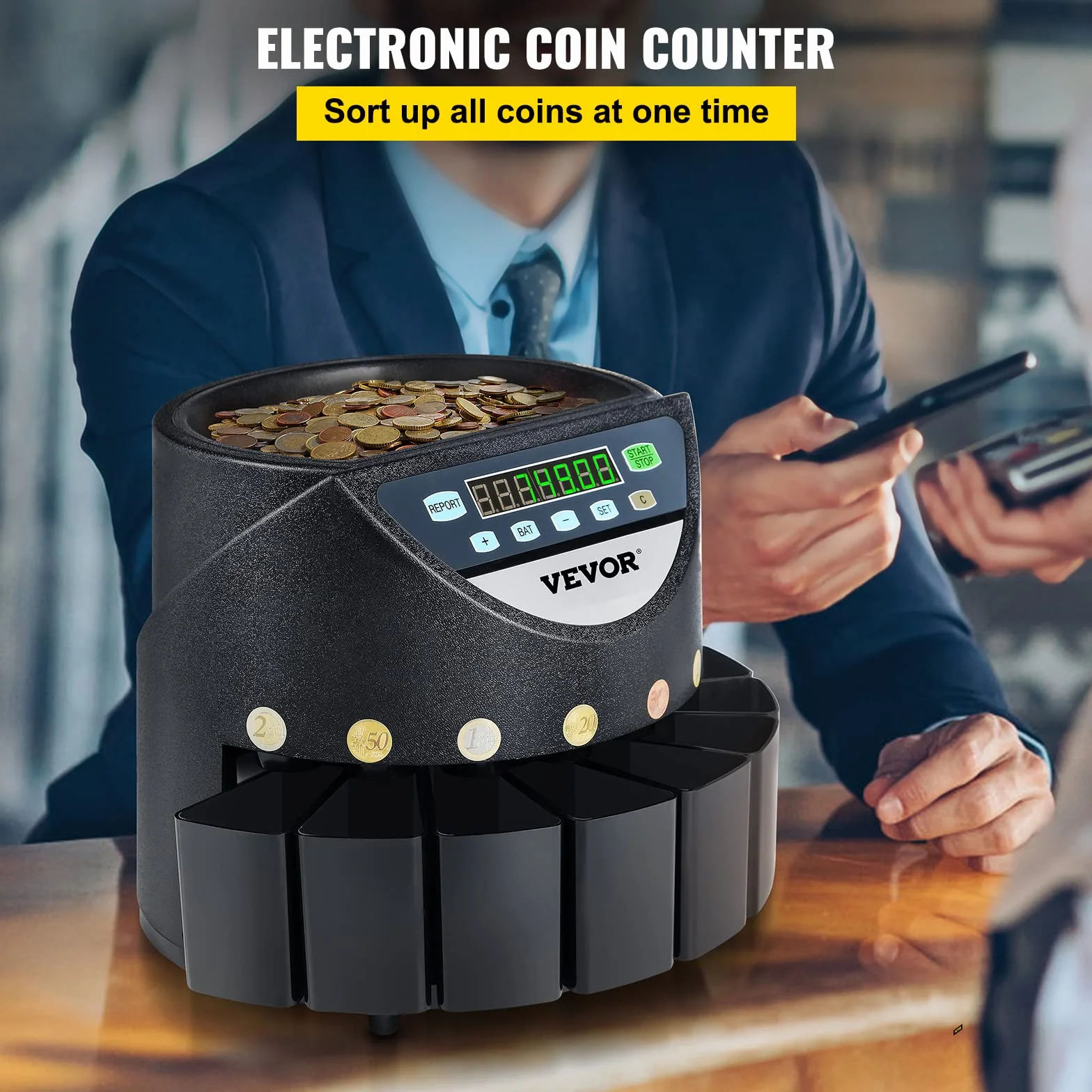 VEVOR Macchina Contamonete 500-1000 Monete in Euro Separatore per Monete Contamonete Velocità 300 pezzi/minuto Display a LED 7 Cifre Pannello Controllo 8 Cassetti, Tabaccheria, Scuole, Negozio, Banca