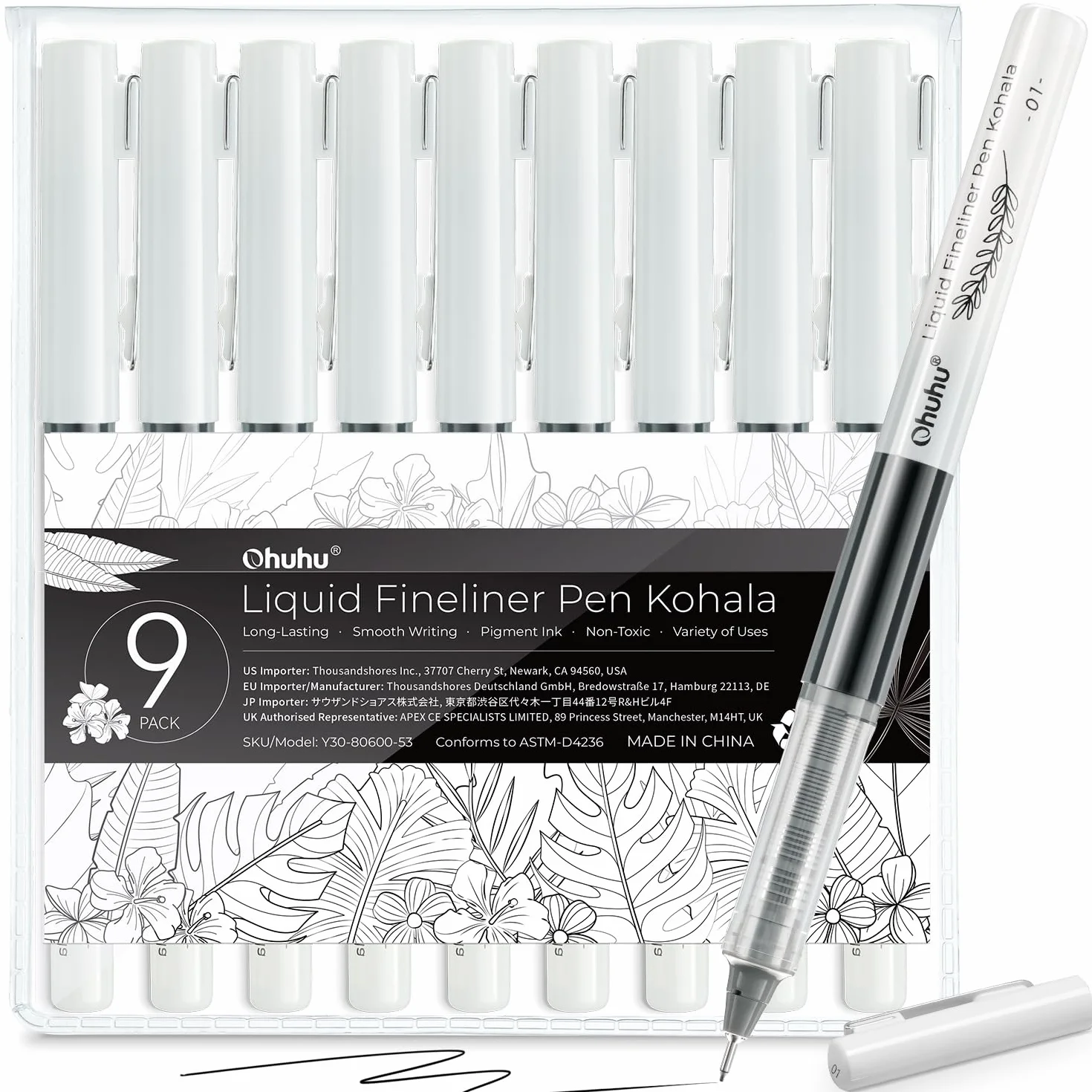 Ohuhu Pennarelli Punta Fine Liquidi, 9 Misure - Inchiostro Resistente All'Acqua e All'Alcool, Penne Micro Fineliner per Scrittura Liscia Sketching Journaling Anime