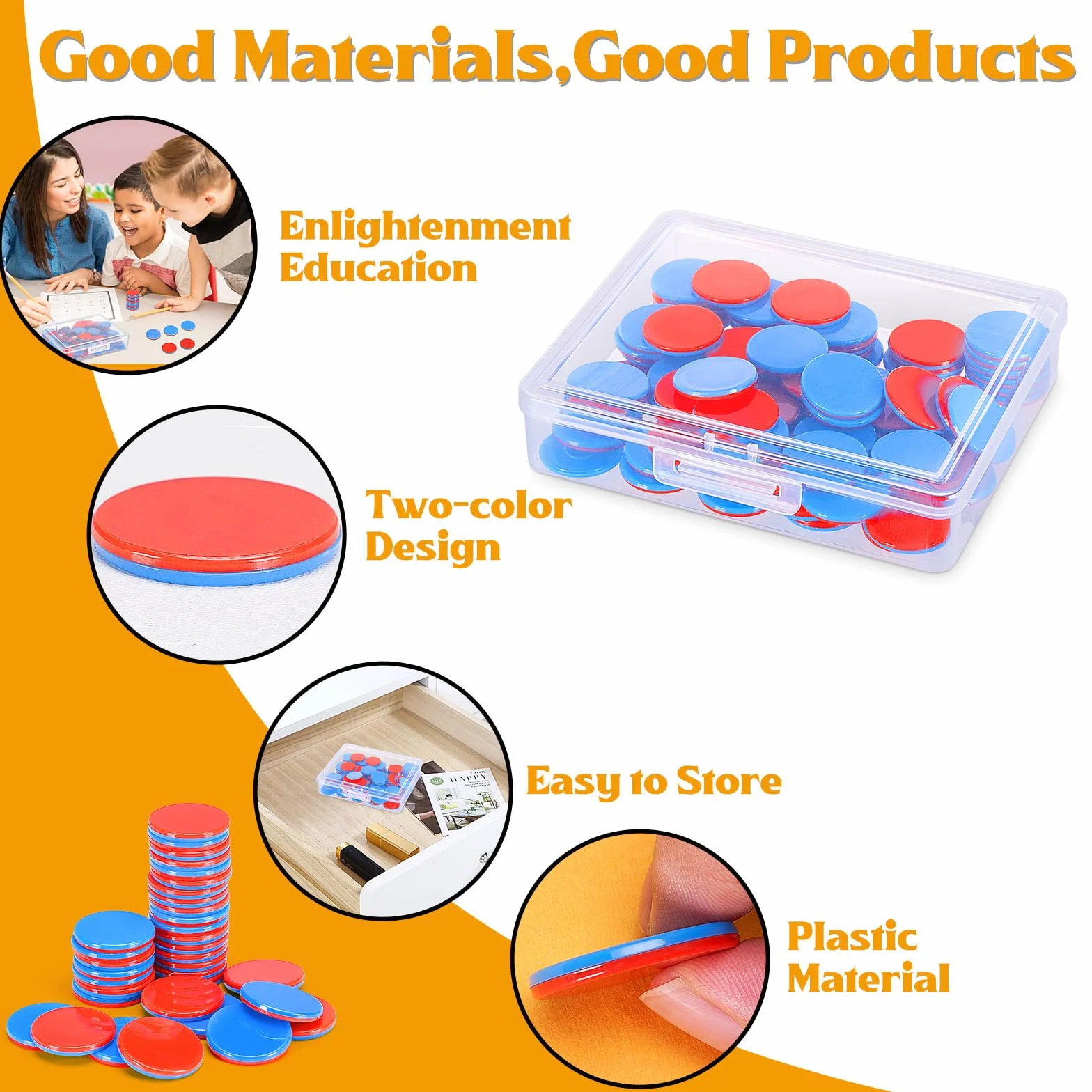 Gettoni reversibili in plastica rossa e blu per scuola primaria, contatore aritmetico con scatola