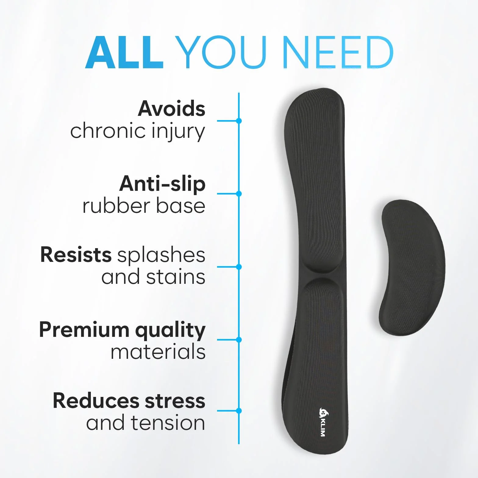 KLIM Wrist Rest Set Poggiapolsi Tastiera e Mouse - Schiuma di memoria al gel - Nero