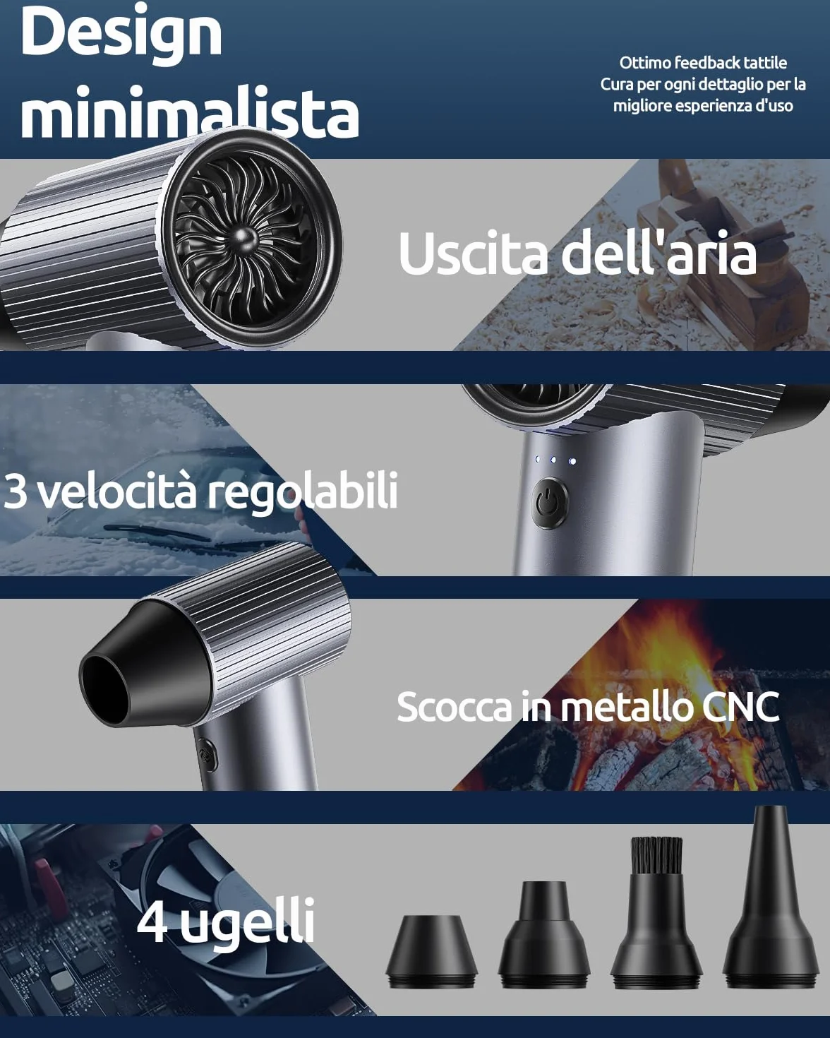 300000RPM Soffiatore Aria Compressa in Metallo - Mini Soffiatore a Batteria con 3 Velocità Regolabili e 4 Ugelli - Senza Fili e Ricaricabile - High-Power Air Duster per Auto/Casa/Ufficio/Camping
