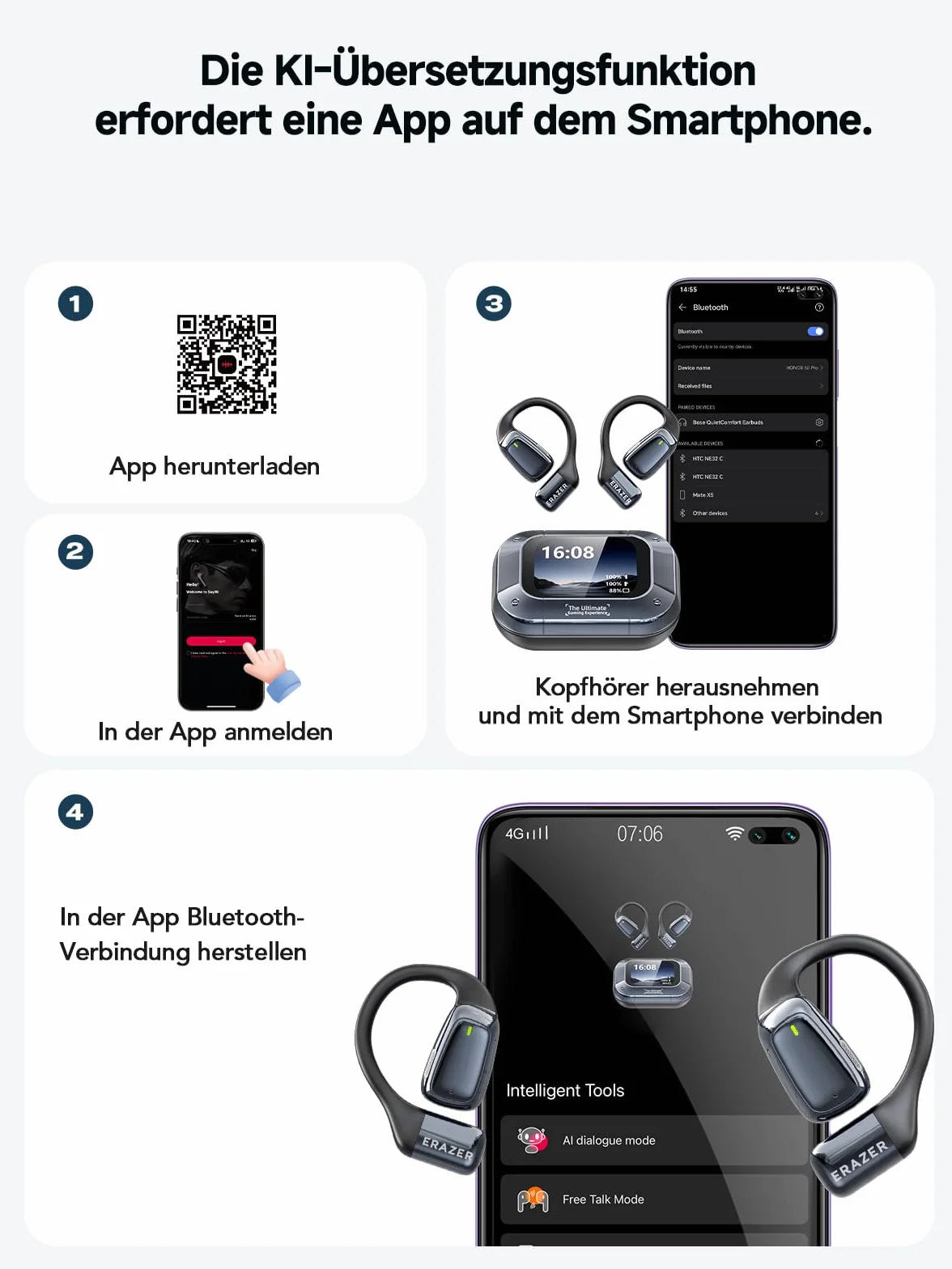 AI Cuffie Traduzione Simultanea, Auricolari Traduttore Simultaneo Bluetooth 5.4 Wireless 3-in-1 con ENC, 8 Modalità AI-Traduzione, 134 Lingue, Traduttori Istantanei Vocali, 60 Ore per Viaggi e Affari