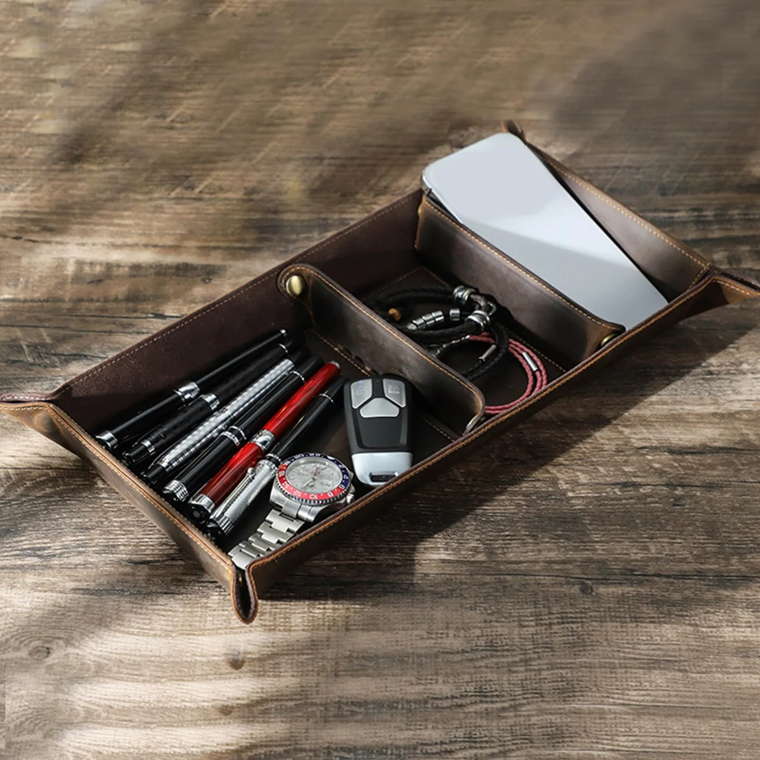 Vassoio portaoggetti caffè marrone 40 x 22 x 4, 5 cm Vassoio organizer da tavolo per scrivania ingresso per riporre chiavi, telefono, orologi, carte elementi essenziali quotidiani Organizer da