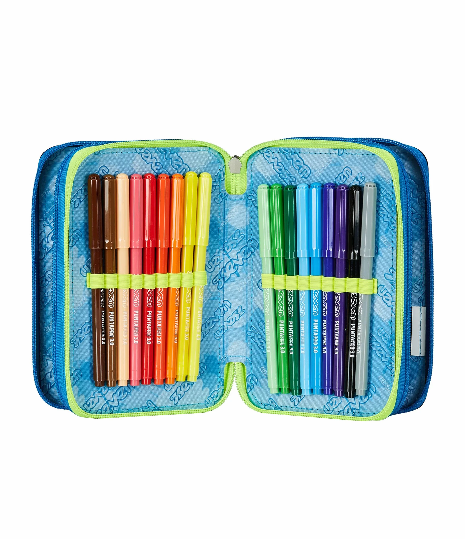 Seven Astuccio Scuola Elementare, 3 scomparti, Medie, con Matite, Pennarelli, Penne, 3 Zip, Uneven Line, Bambino e Ragazzo, blu