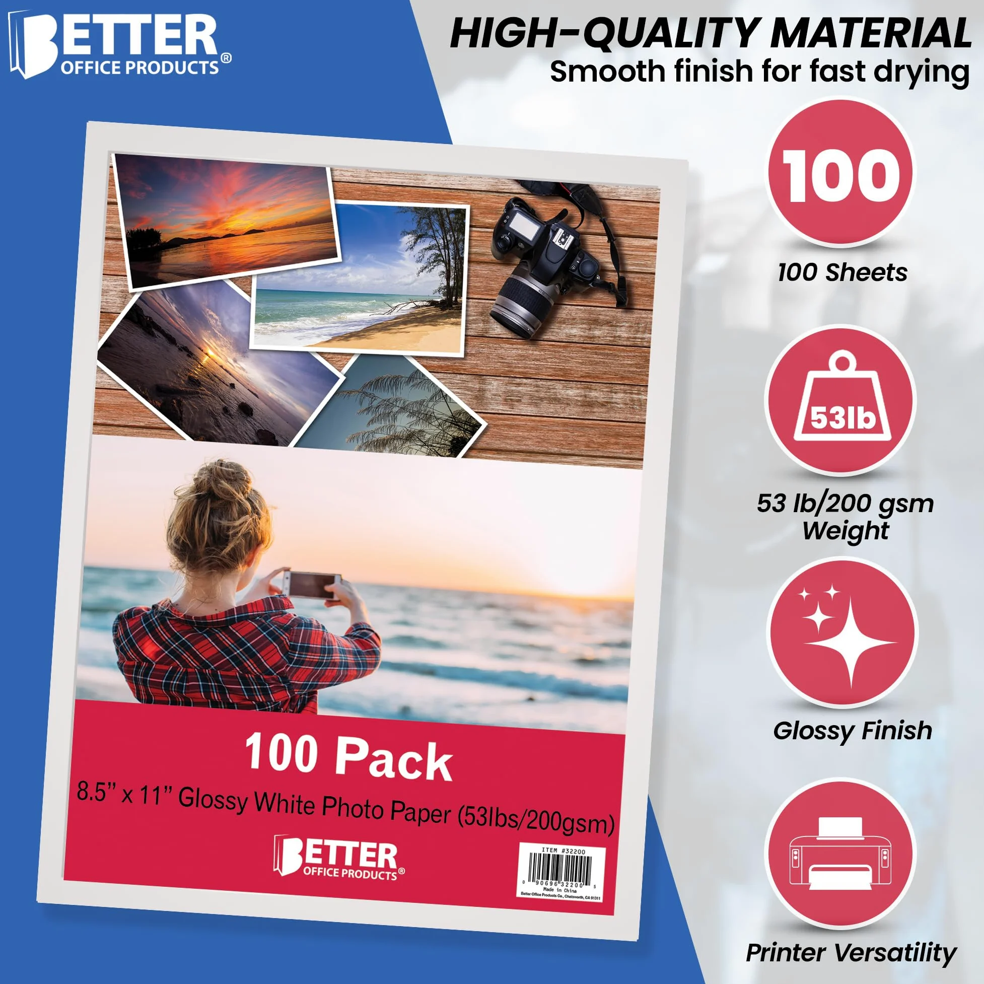 Better Office Products Carta fotografica lucida, 21,9 x 27,9 cm, 100 fogli, 200 g/m², formato lettera, confezione da 100