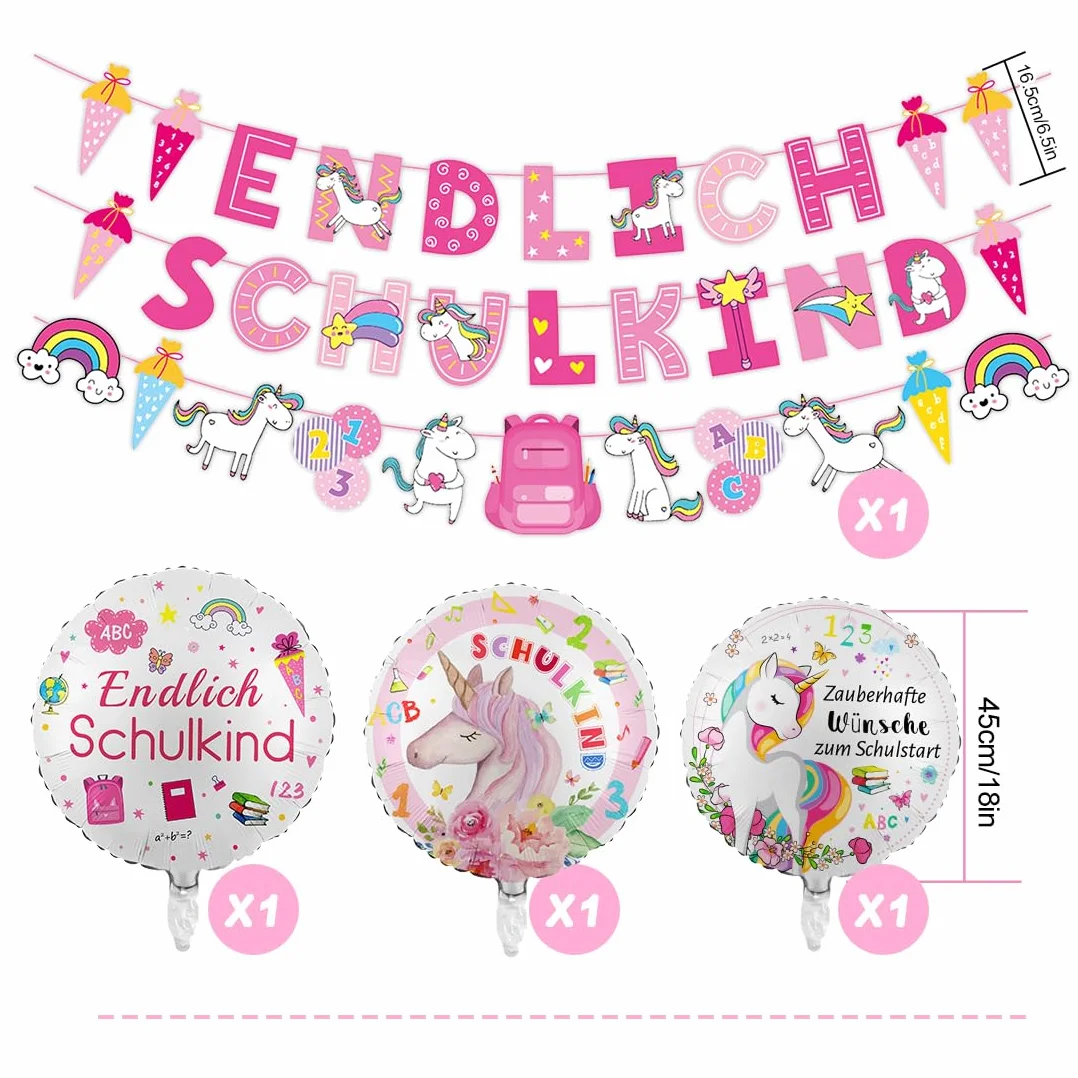 Decorazione per l'inizio della scuola a tema unicorno, palloncino in pellicola e striscione per bambini